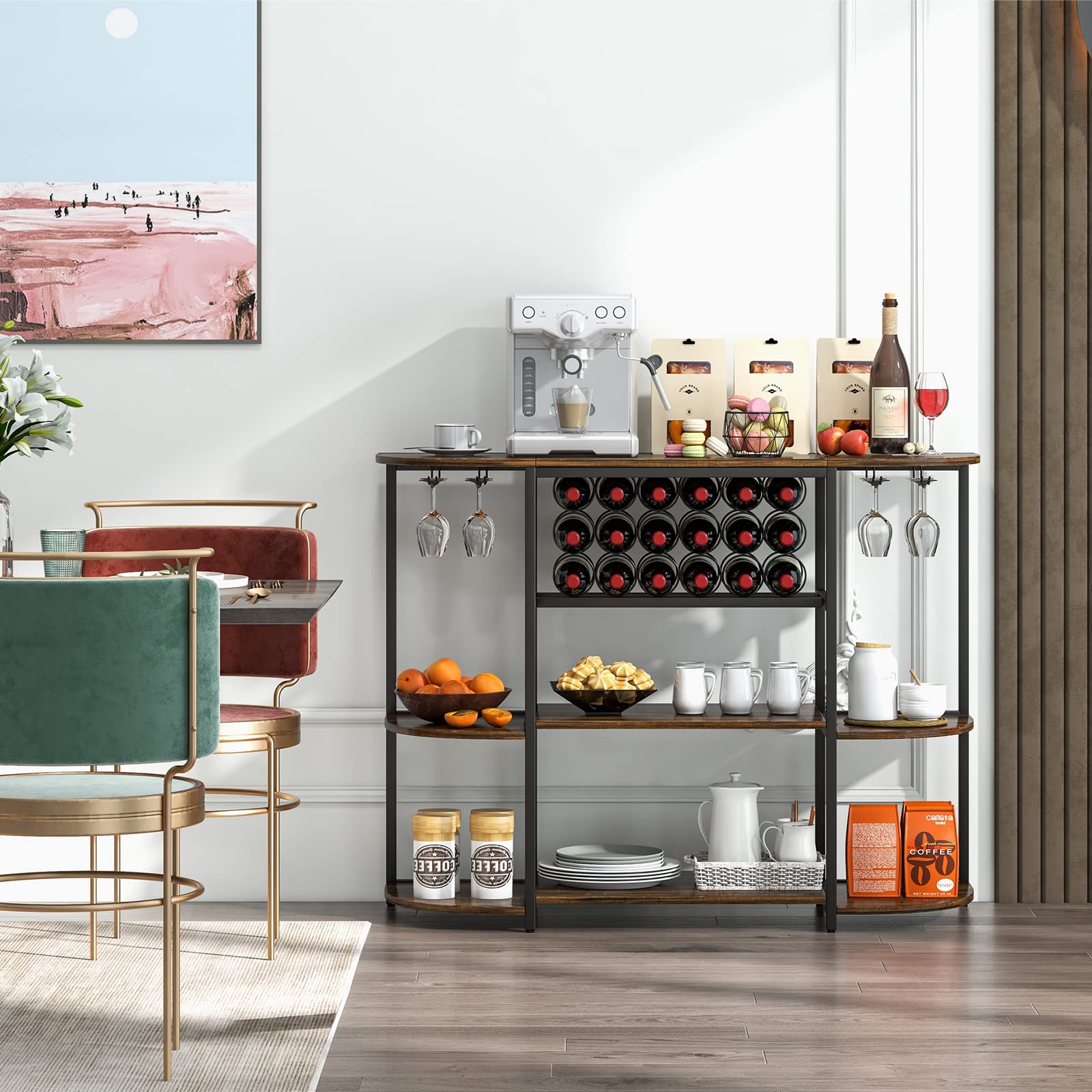 LOKO 47-Inch Industrial Wine Bar Cabinet with Wine Rack & Glass Holders - Freestanding Floor Bar Storage for Liquor, Wine Bottles and Glasses - Rustic Brown Finish for Home Kitchen, Dining Room, Bar or Entertainment Area