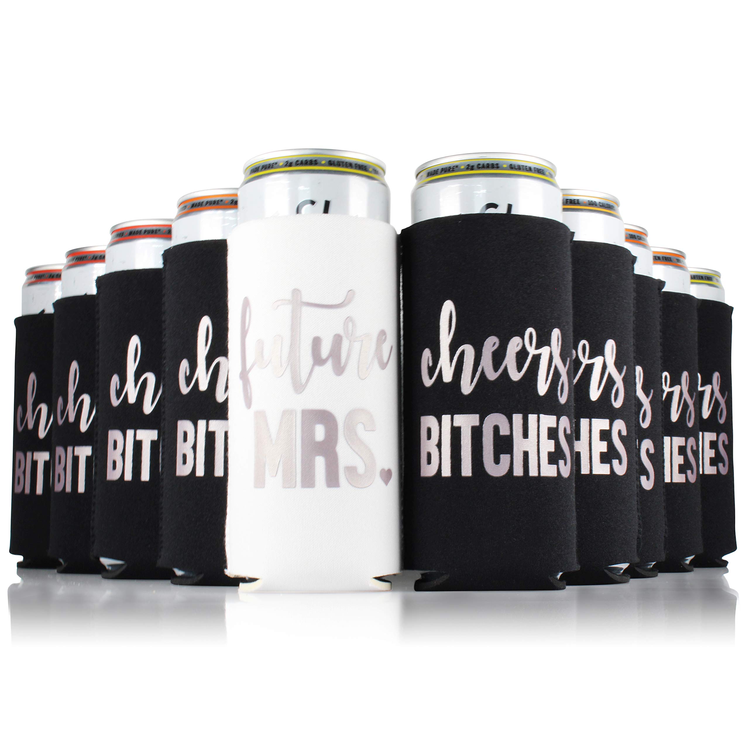 Bachelorette Party Decorations - 10 Pack Black Cheers Slim Can Coolers for Bridal Showers & Wedding Events - Perfect for Bachelorette Parties, Girls' Night Out & Celebrations
