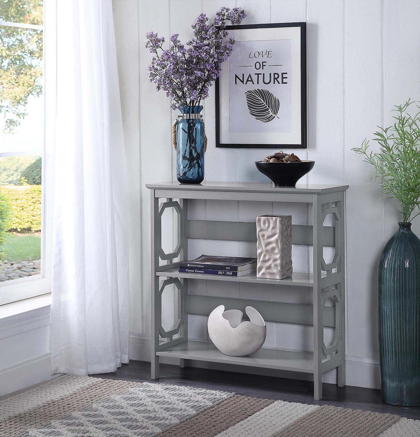 Convenience Concepts Omega 3-Tier Bookcase in Gray - Stylish Storage Shelf for Living Room, Bedroom, or Office Organization