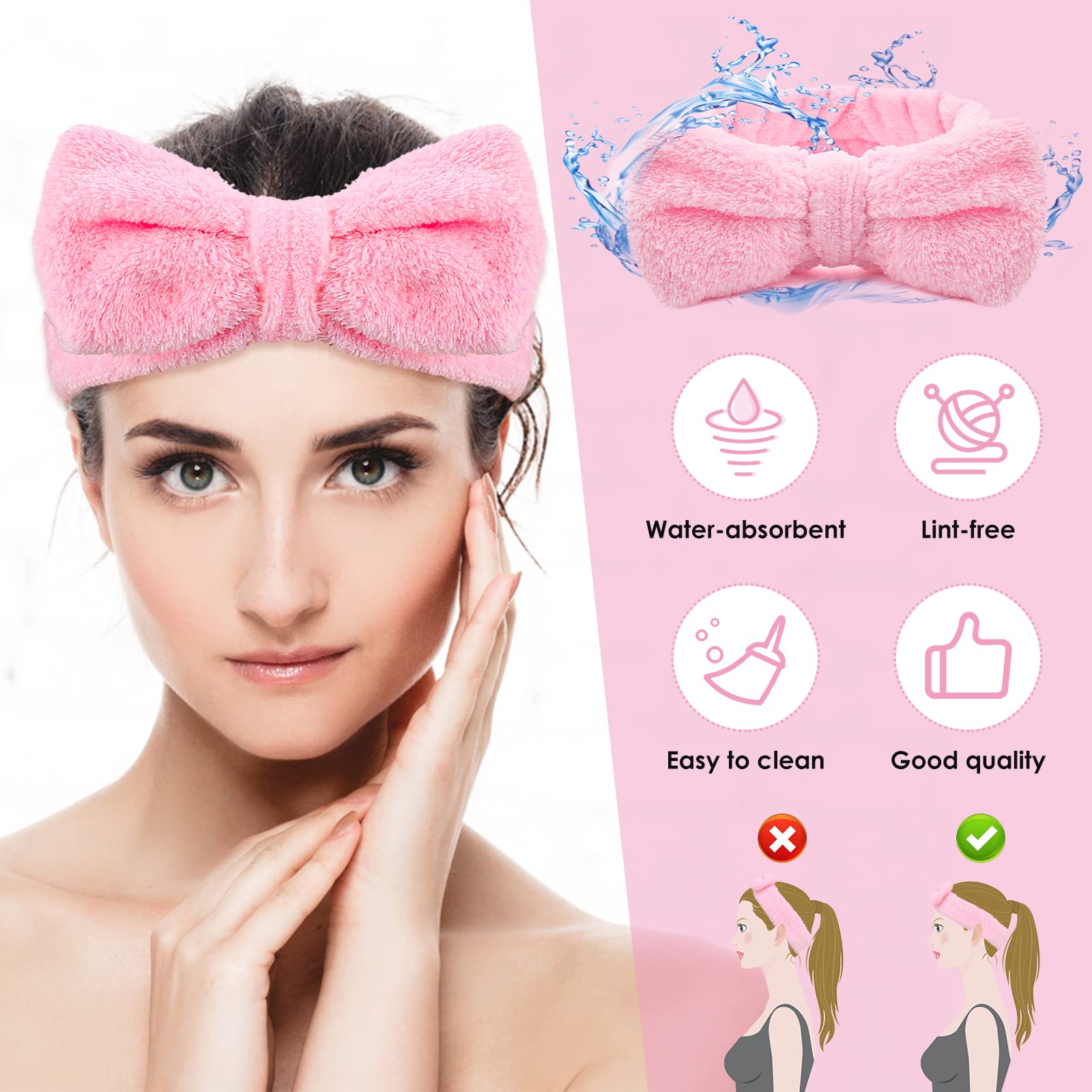 Molain Spa Headband for Women - Soft Coral Fleece Elastic Hair Band with Bowknot Design for Washing Face, Shower, Skincare & Sports | Perfect Makeup & Beauty Accessory (Pink)