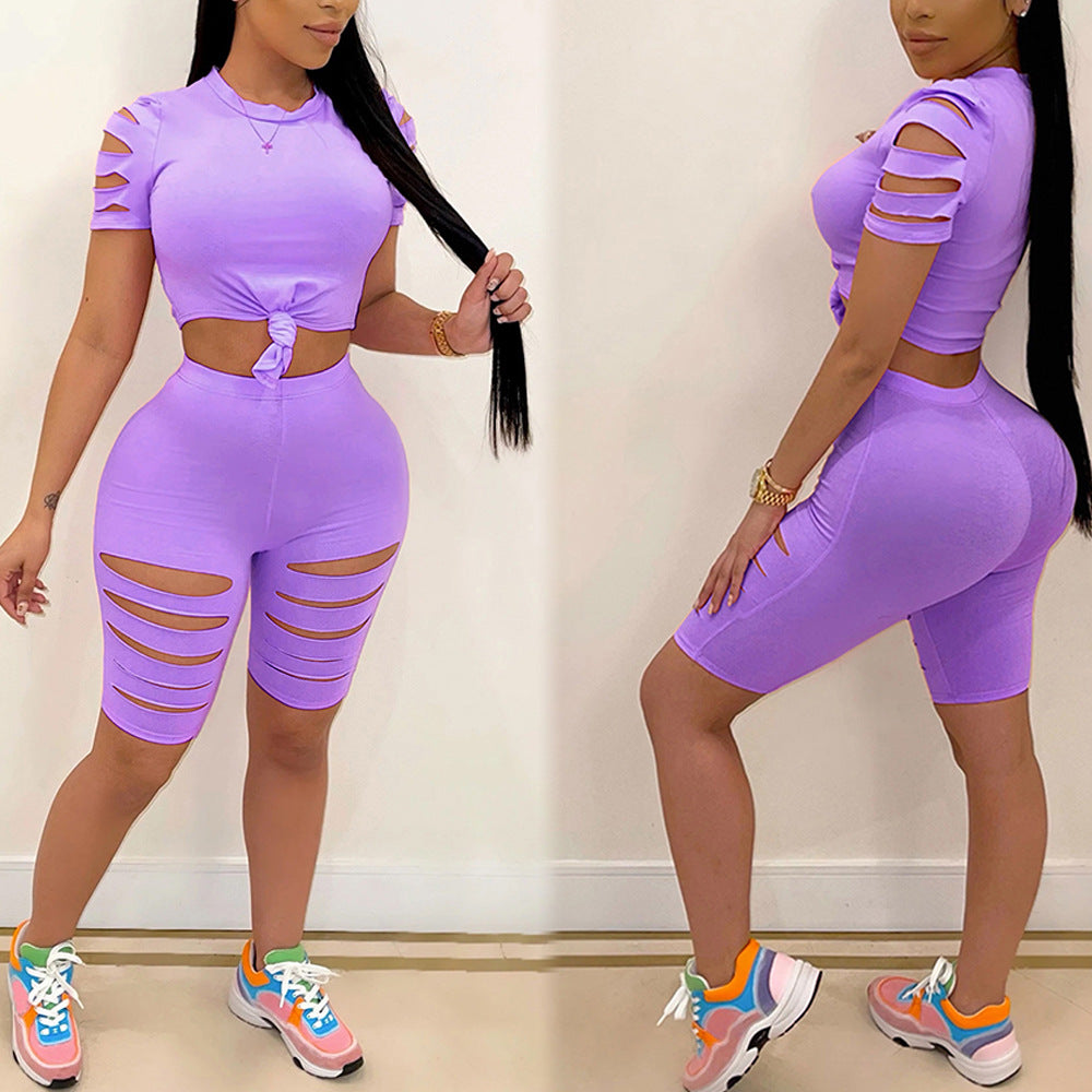 Trendy Casual Women's Sports Suit with Distressed Hole Design - Perfect for Gym, Yoga & Streetwear Fashion