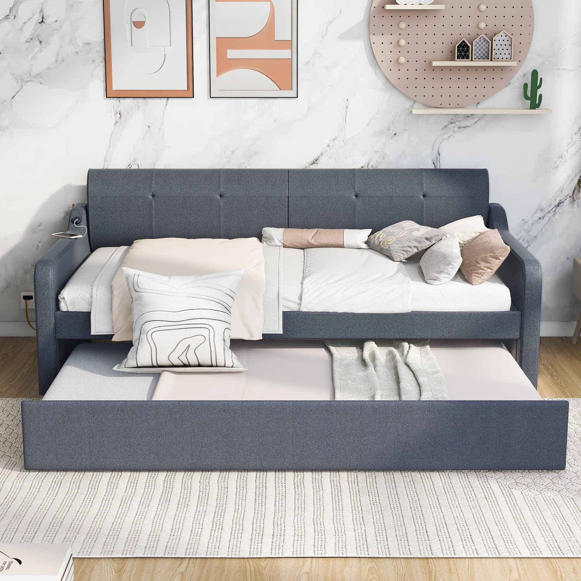 Merax Twin Size Upholstered Daybed with Trundle & USB Charging - Convertible Sofa Bed with Adjustable Backrest (Flat or Elevated) - Perfect for Guest Rooms, Small Apartments & Home Offices