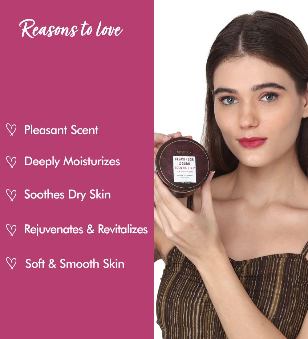 THE LOVE CO. Body Butter - 48-Hour Intense Hydration with Pure Shea Butter - Winter Deep Moisturizing Cream for Women - 200g (Black Rose & Oud) - Perfect for Dry Skin Care & Nighttime Hydration Routine