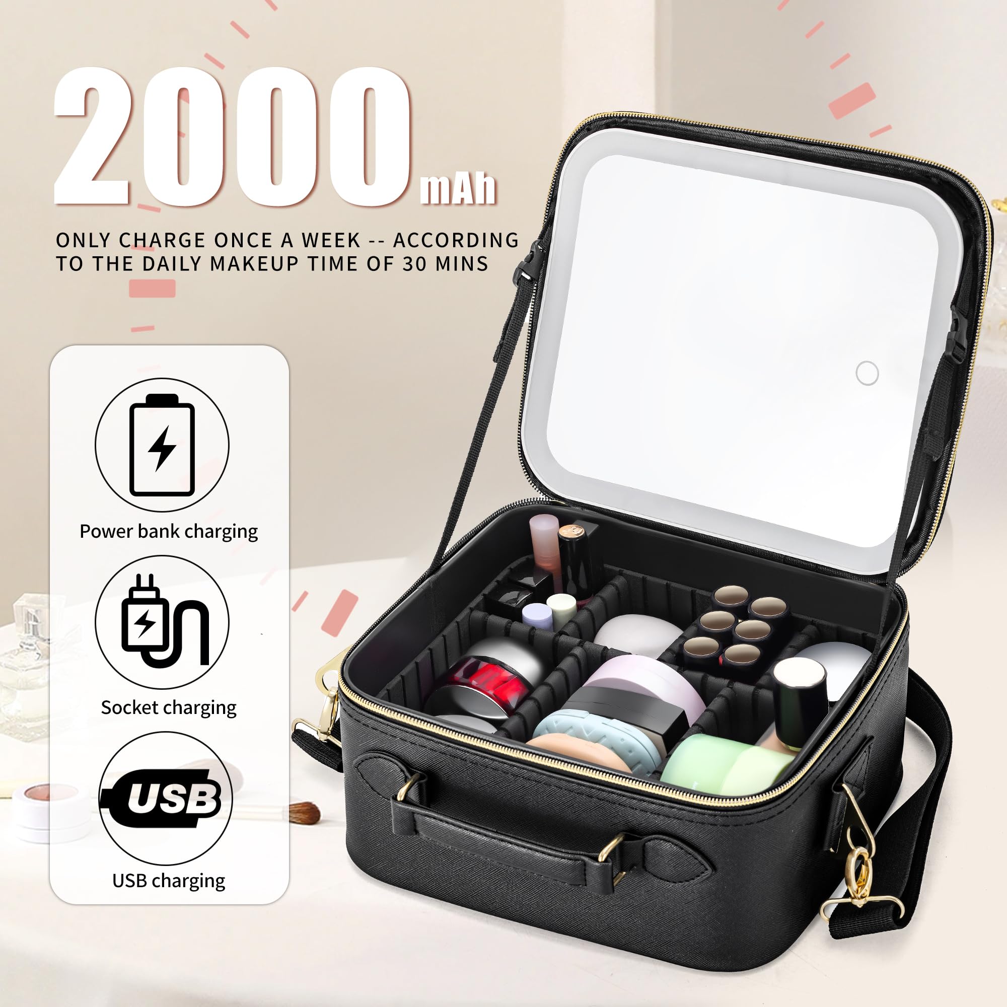 LED Makeup Bag with Mirror - Portable Travel Cosmetic Organizer Case with Lighted Mirror & Brush Holder, Black Makeup Artist Storage Pouch for Women | Perfect for Travel, Home Use & Professional Makeup Artists