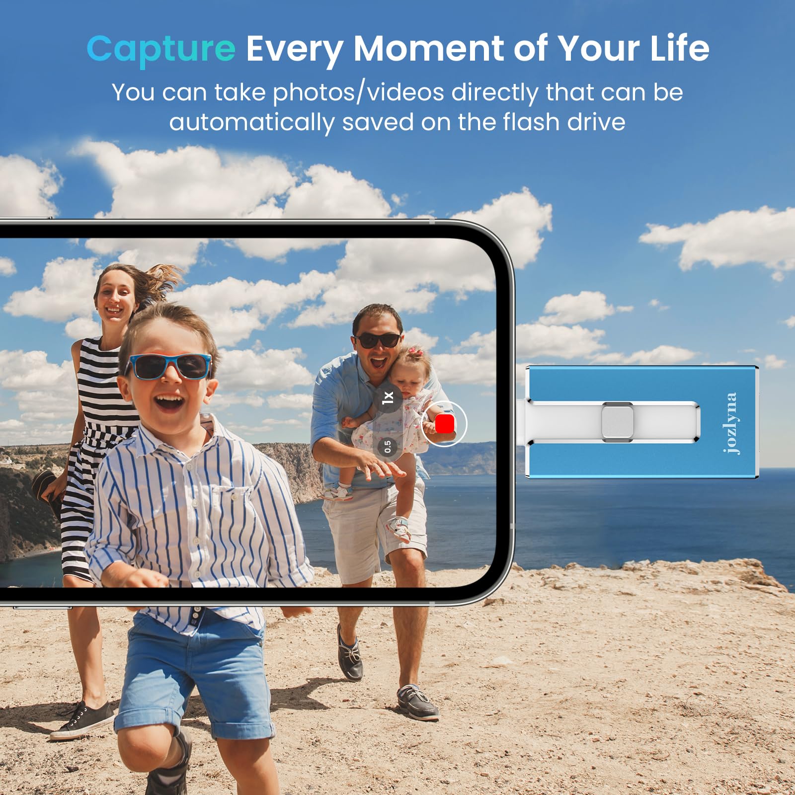 512GB iPhone Photo Stick - 3-in-1 USB Flash Drive for iPhone, iPad, PC - External Memory Storage for Photos & Videos - Portable Backup Solution for Travel, Work & School (Blue)