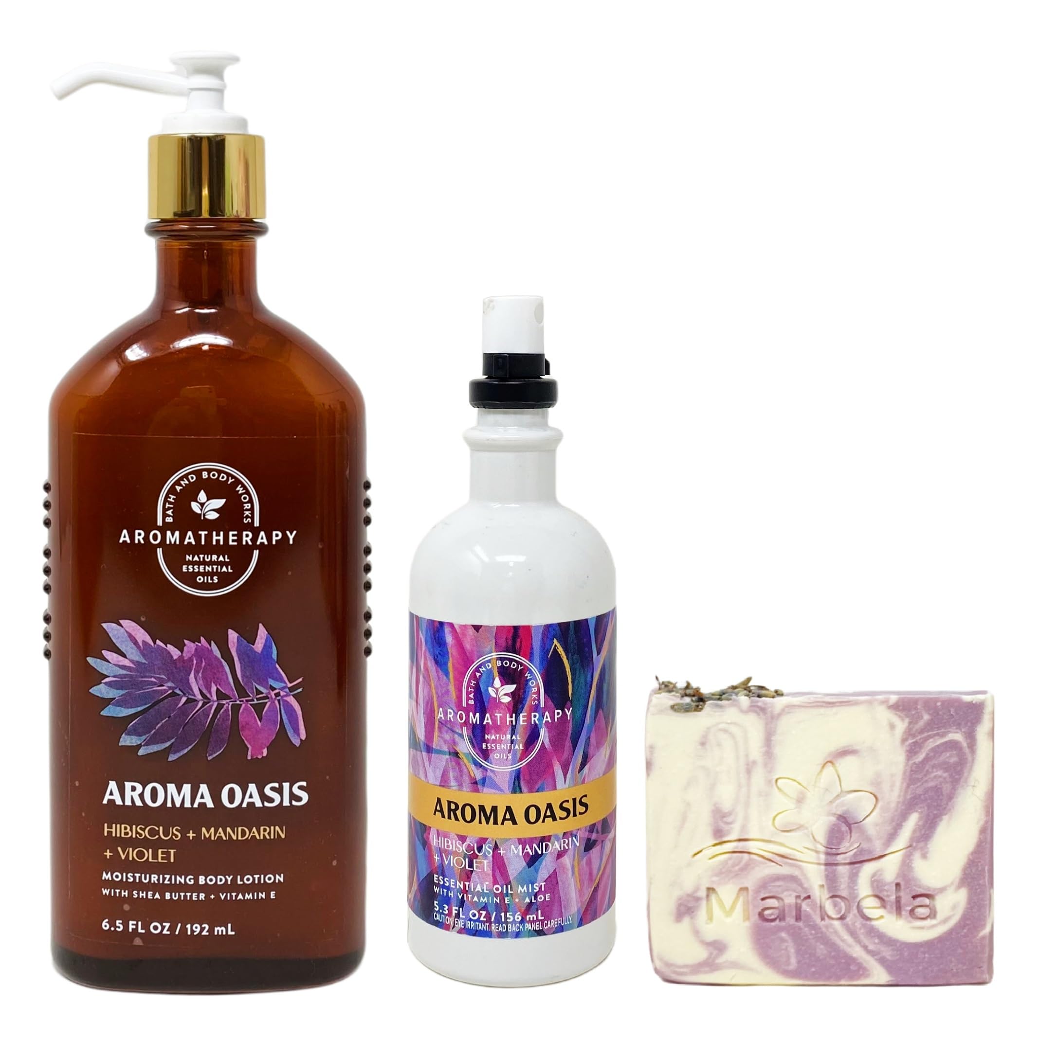 Bath & Body Works Hibiscus Mandarin Violet Body Lotion & Essential Oil Mist Set with Lavender Dream Bar Soap - Full Size Moisturizing Skincare Gift Set for Women, Spa & Relaxation at Home