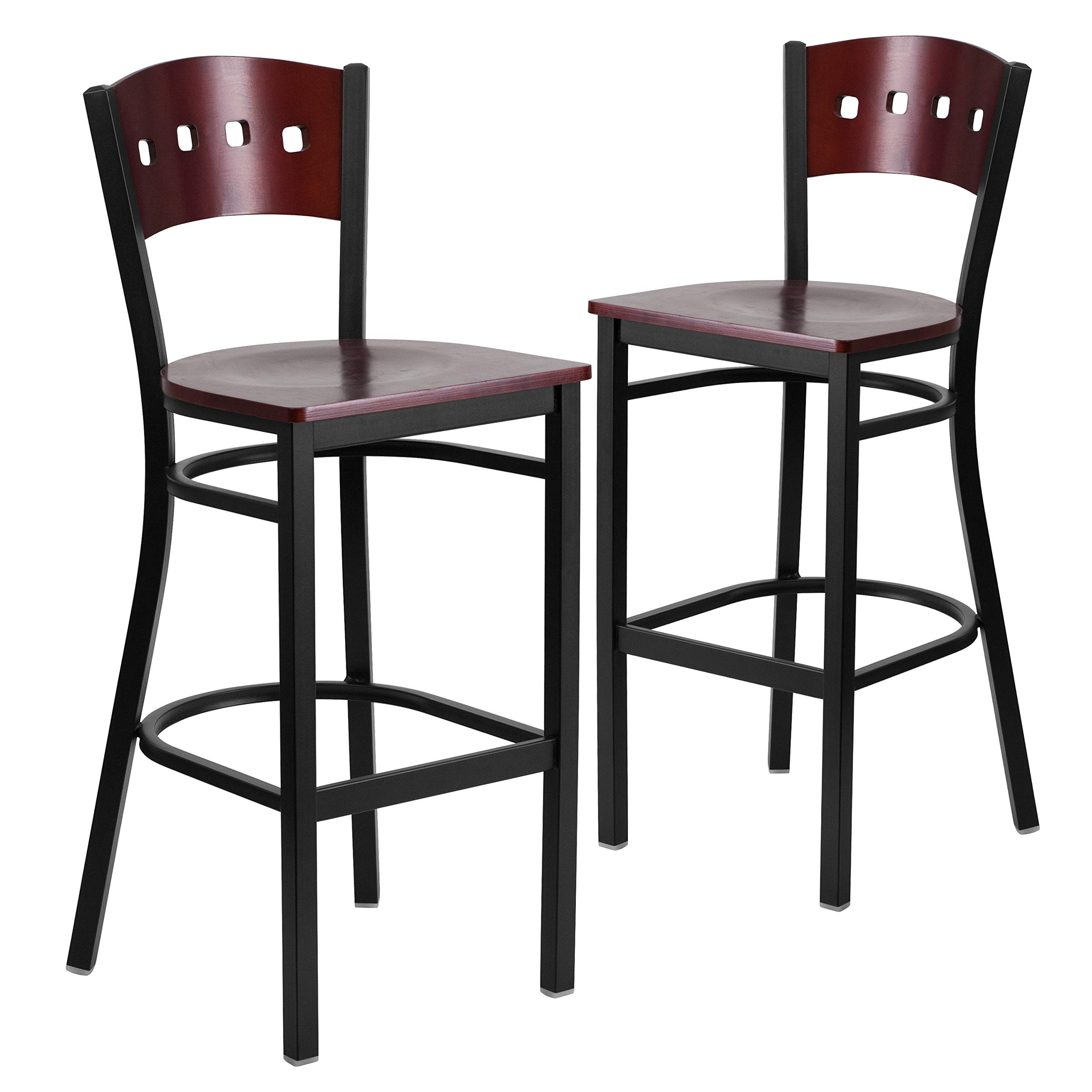 Flash Furniture 2-Pack HERCULES Series Black Metal Bar Stools with Mahogany Wood Seat & Back - 24