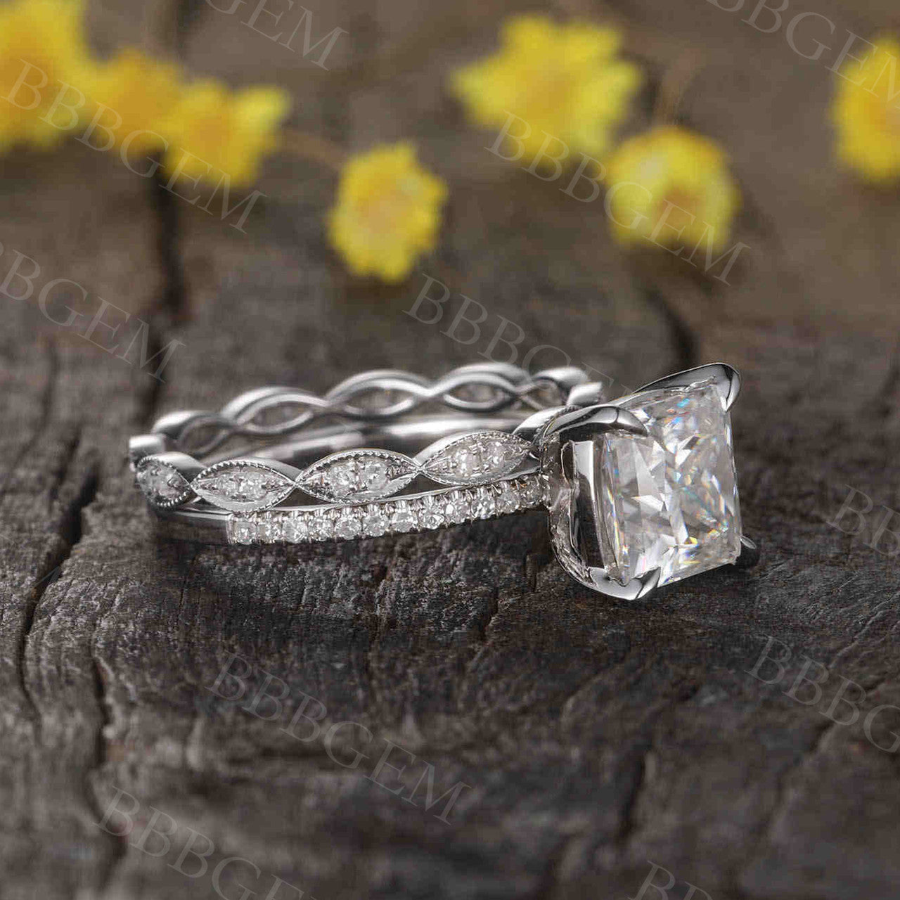 2 Carat Princess Cut Moissanite Engagement Ring Set with Rose Gold Accent & Diamond Side Stones - Perfect for Proposals, Weddings & Anniversary Gifts
