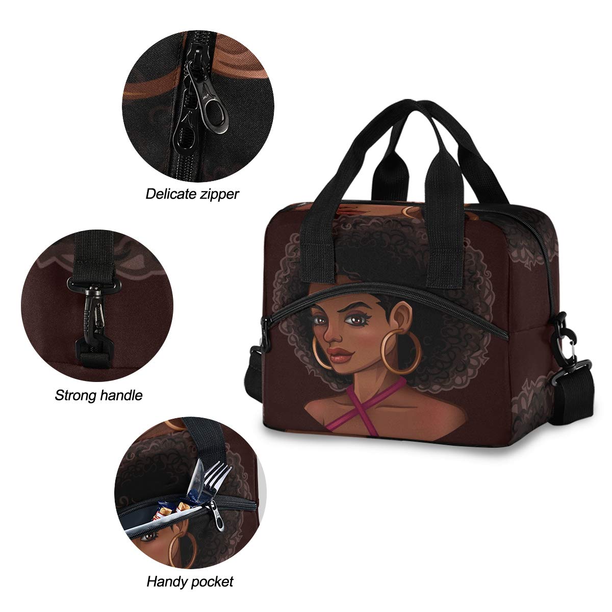Insulated Reusable Lunch Bag for Women & Girls - Stylish African American Design with Detachable Shoulder Strap, Leakproof Lunch Box for School, Office & Picnics | Perfect for Work, College & Outdoor Activities