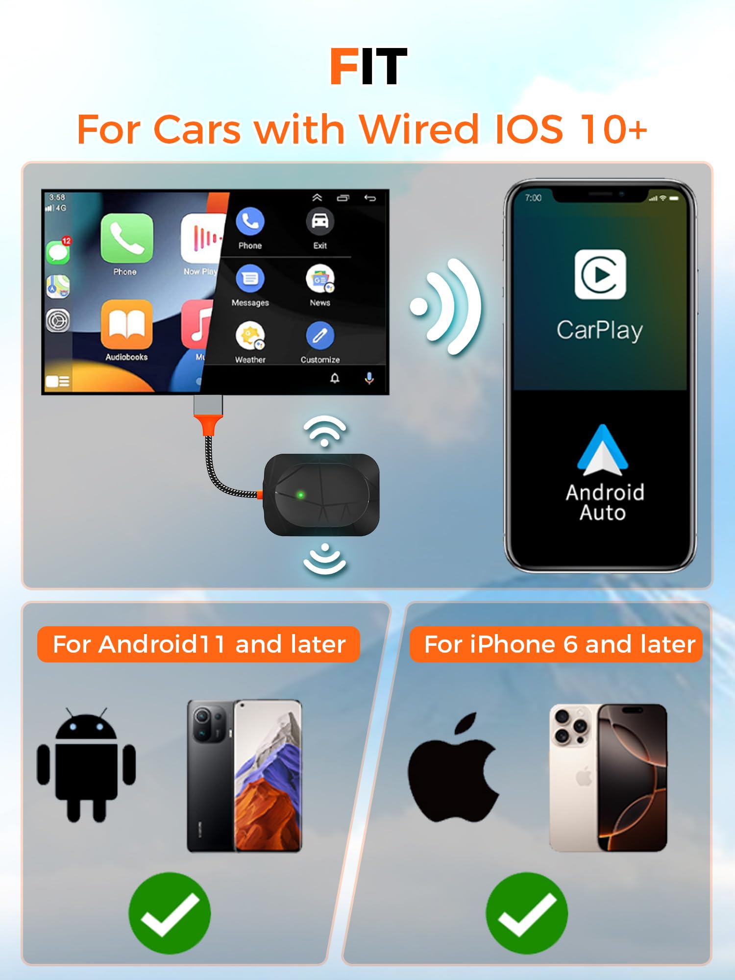 Wireless CarPlay Adapter for iPhone & Android - Plug & Play Auto Connect Converts Wired to Wireless CarPlay - Compatible with iOS 10+ & Android 11+ (Black) | Perfect for Hands-Free Driving & Seamless Music Streaming