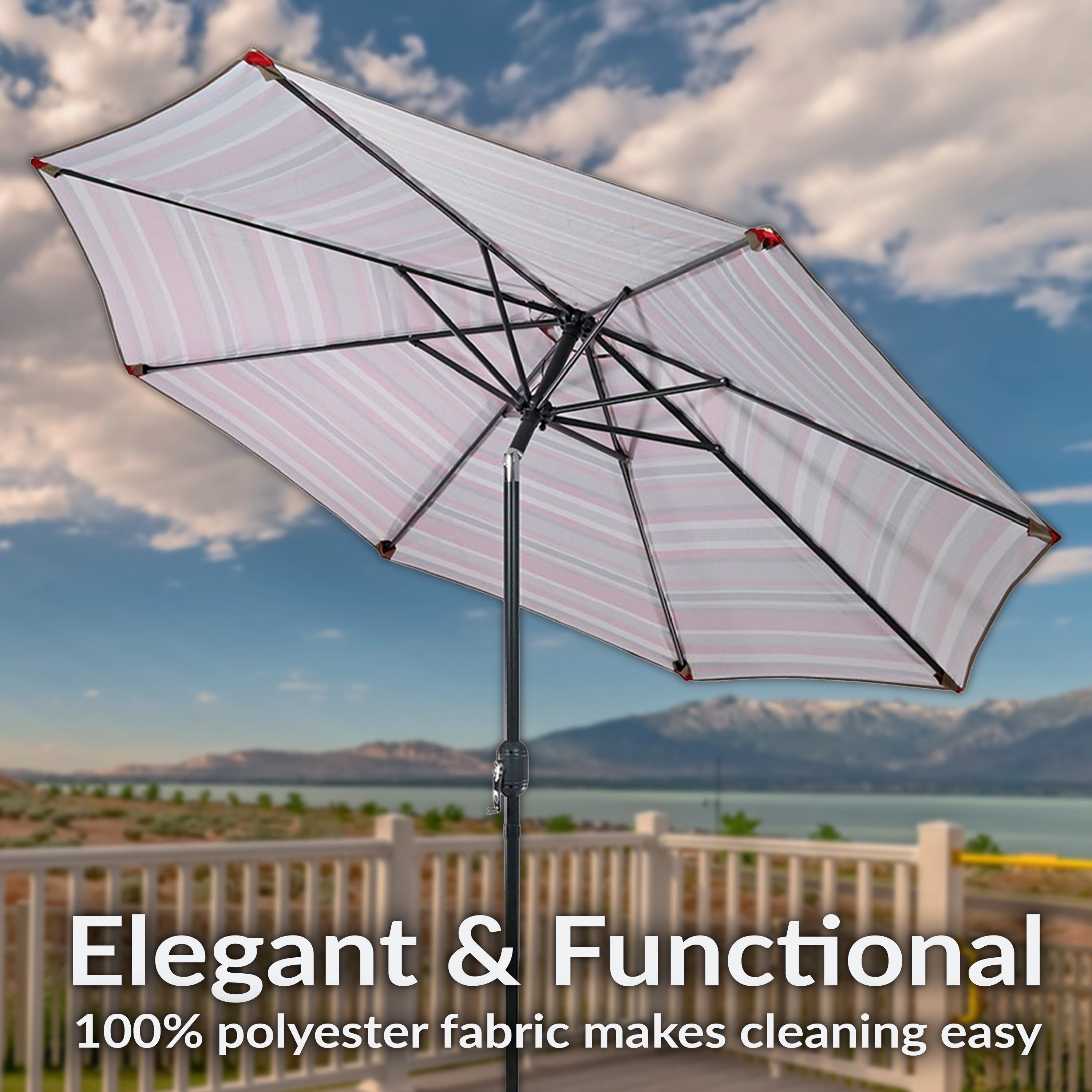 Sunnydaze 9-Foot Striped Outdoor Patio Umbrella with Push Button Tilt & Easy Crank Lift - Perfect for Poolside, Backyard, Garden, and Deck Shade