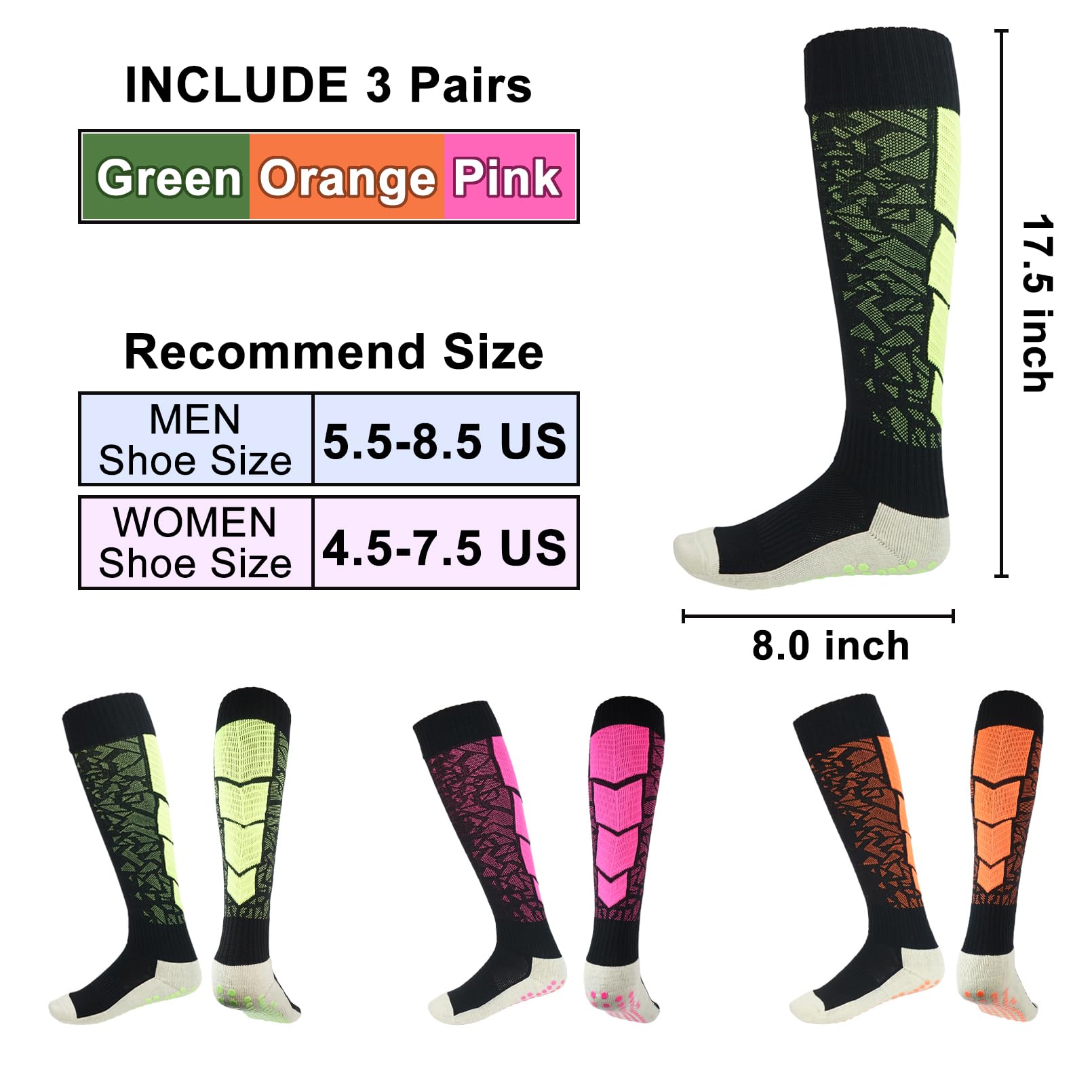 Luwint Non-Slip Compression Socks - 3 Pairs Knee High Sports Socks for Men & Women, Anti-Skid Soccer Socks with Grip Technology for Running, Hiking, and Workout - Perfect for Athletes and Nurses