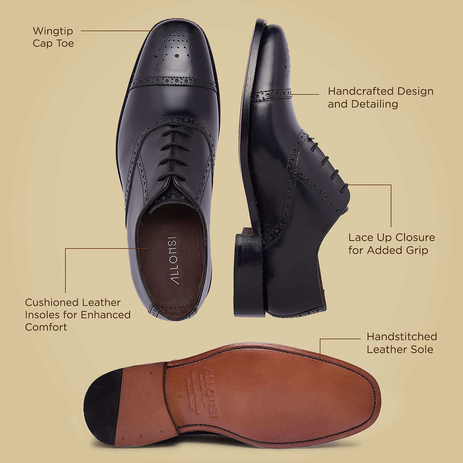 Tallon Men's Genuine Leather Wingtip Oxford Dress Shoes | Goodyear Welted Formal Shoes for Wedding & Business | Handcrafted Luxury Leather Sole Footwear | Comfortable Classic Style for Office, Party & Special Occasions
