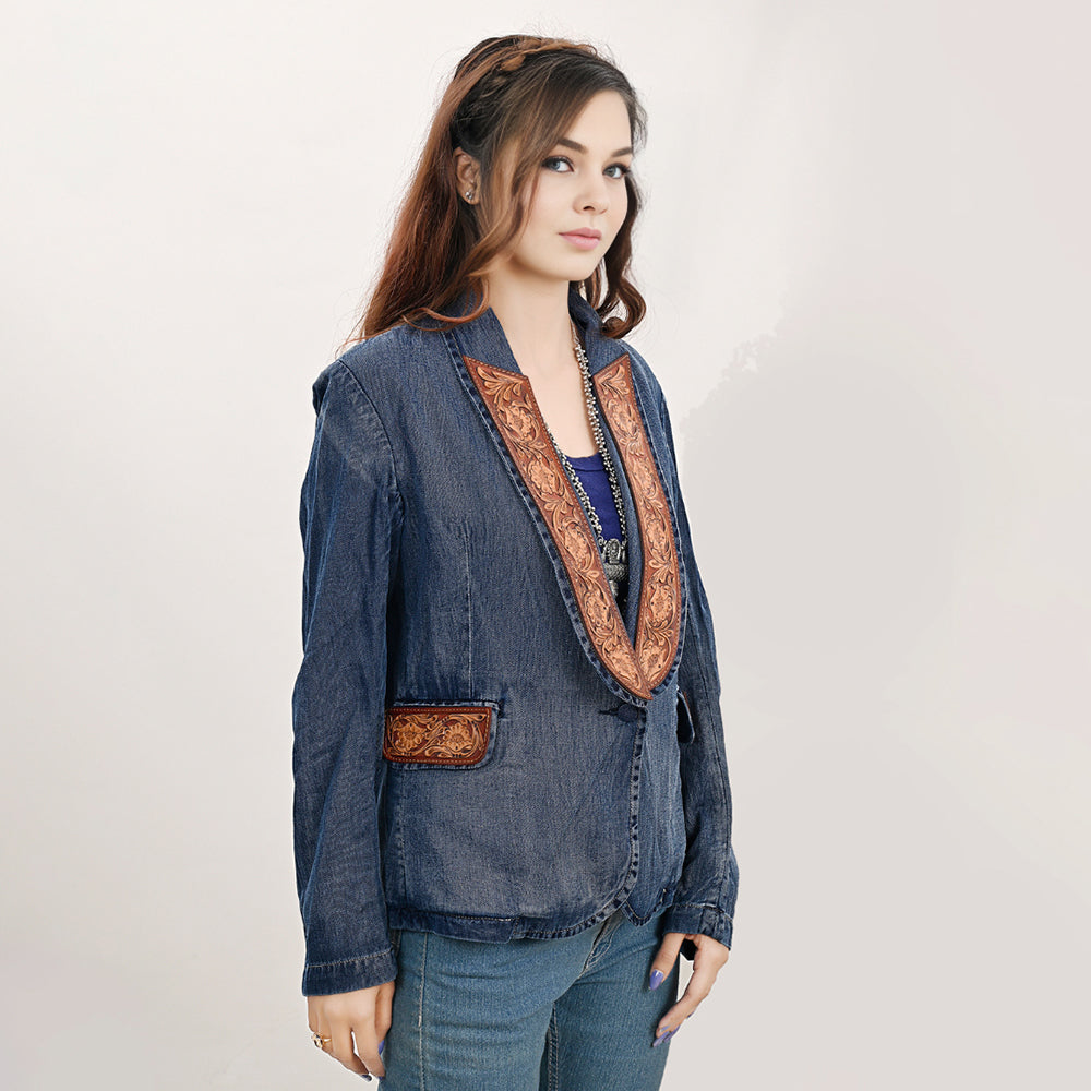 Genuine Leather Hand-Tooled & Hand-Carved Women's Denim Blazer Jacket - 100% Cotton Western Style Dress Coat for Ladies & Girls | Perfect for Casual Outings, Office Wear & Special Occasions