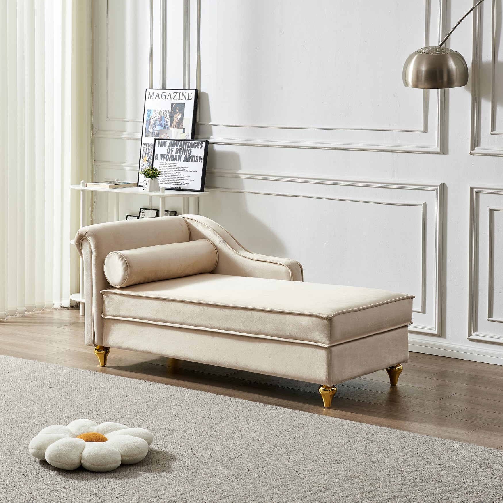 Modern Velvet Upholstered Chaise Lounge Chair with Storage & Bolster Pillow - Retro Metal Legs Sleeper Sofa Recliner for Bedroom, Office & Living Room - Beige | Cozy Reading Nook, Guest Bed & Relaxation Spot