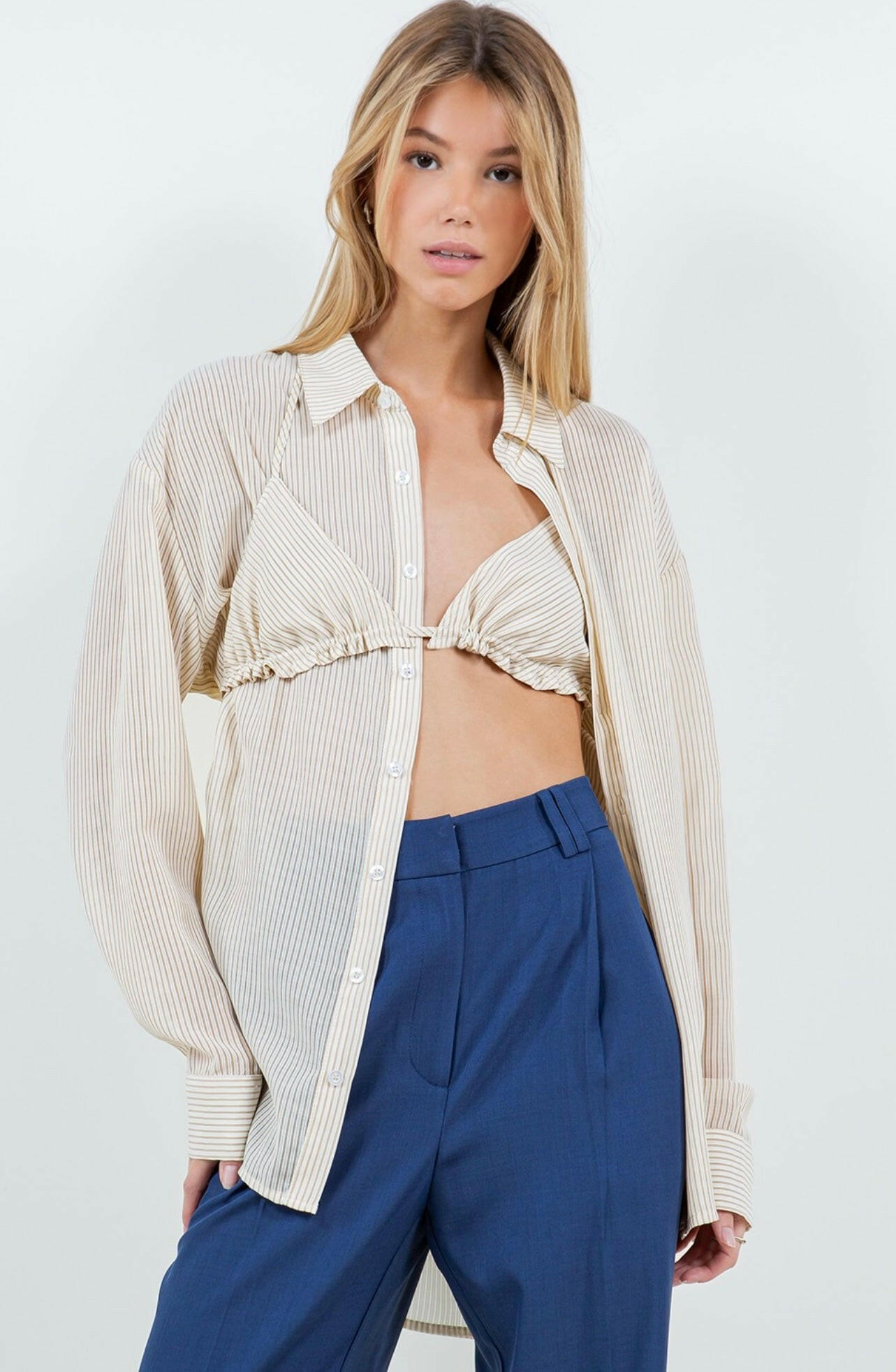 Sheer Button Up Blouse with Bikini Top - Ivory & Camel Colors - Perfect for Beach Cover-Up, Summer Outfits, and Casual Wear