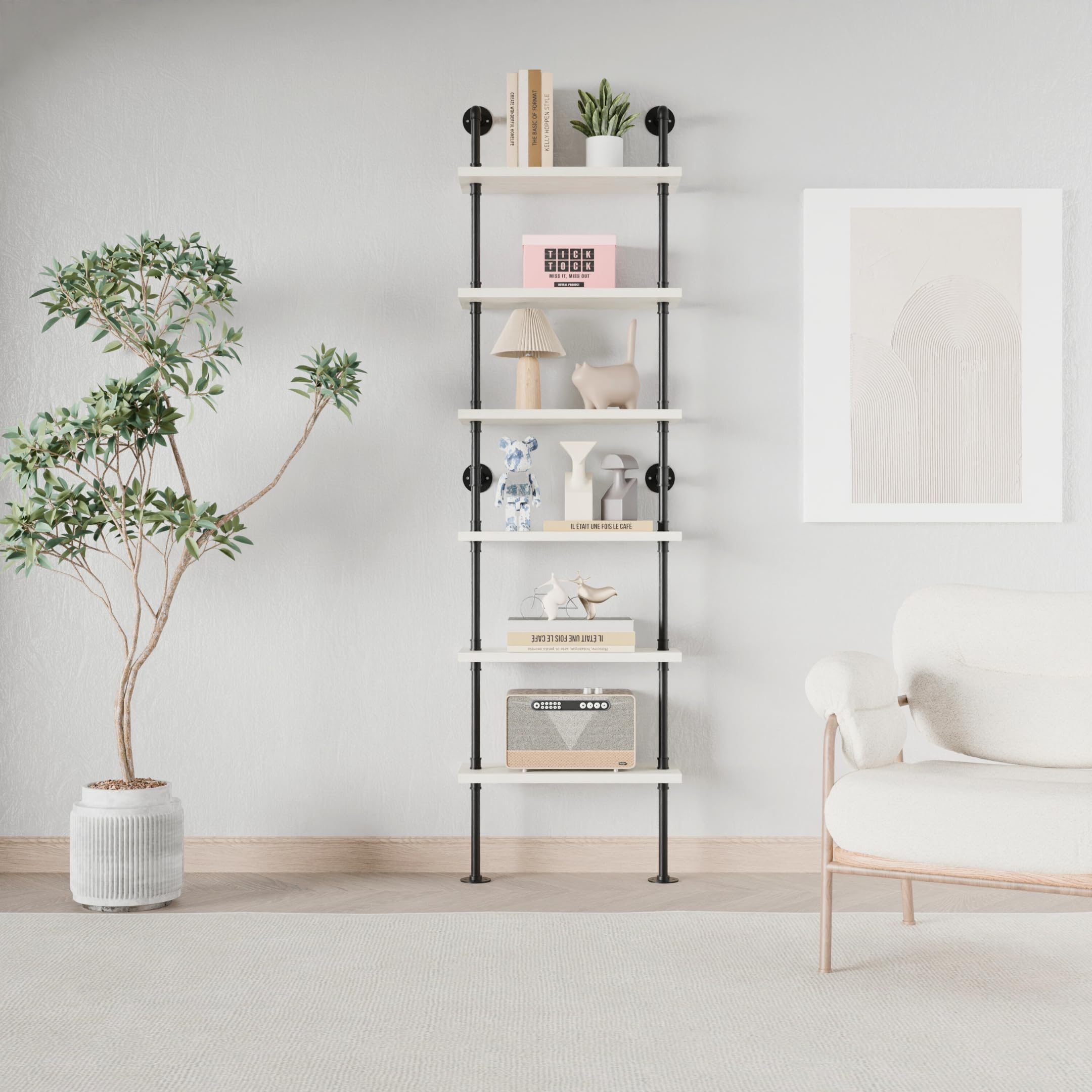 Industrial Ladder Pipe Shelves - Wall Mounted Wood & Metal Rustic Bookshelf for Living Room, Bedroom, Office - 6 Tier Storage Shelf (10