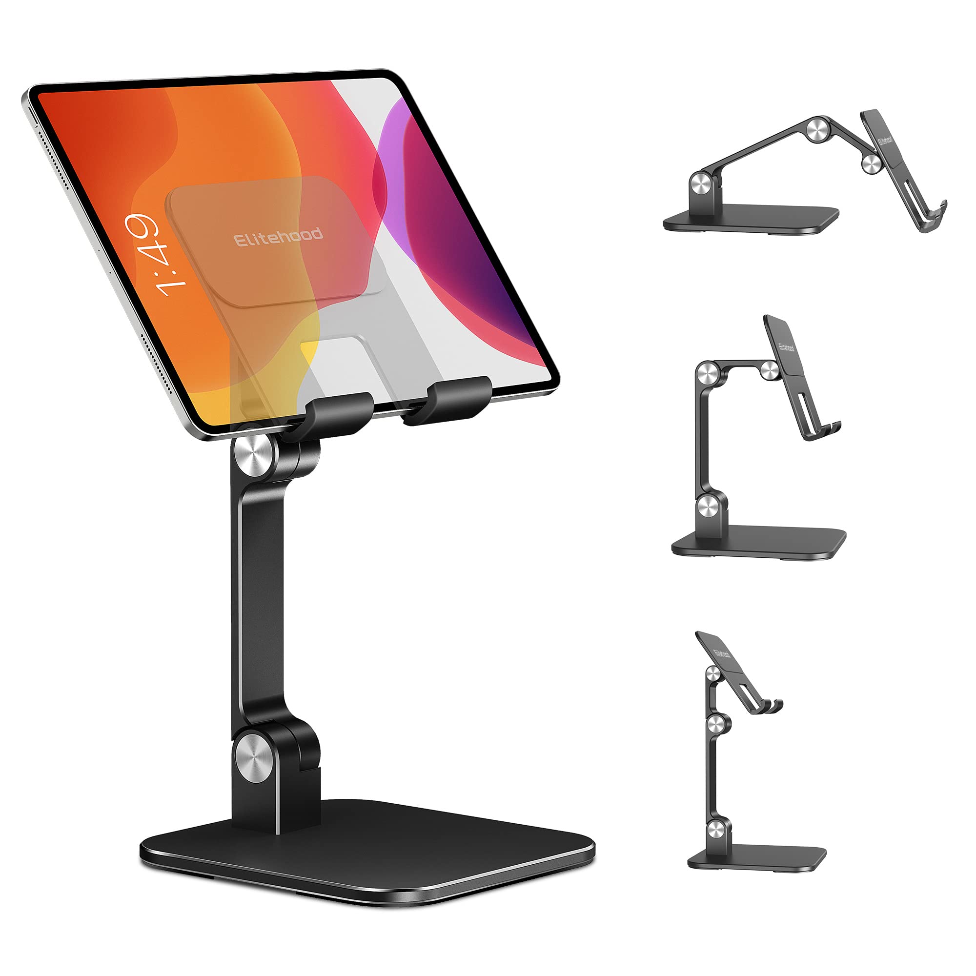 Premium Aluminum iPad Stand for Desk - Ultra Stable & Sturdy Adjustable Tablet Holder Dock - Compatible with iPad Pro 12.9/Air/Mini - Portable Home Office Accessory for Reading, Video Calls & Hands-Free Viewing - Black