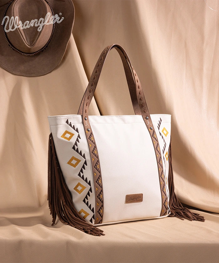 Wrangler Aztec Embroidered Fringe Wide Tote Bag for Women - Stylish Boho Shoulder Purse for Beach, Travel & Everyday Use