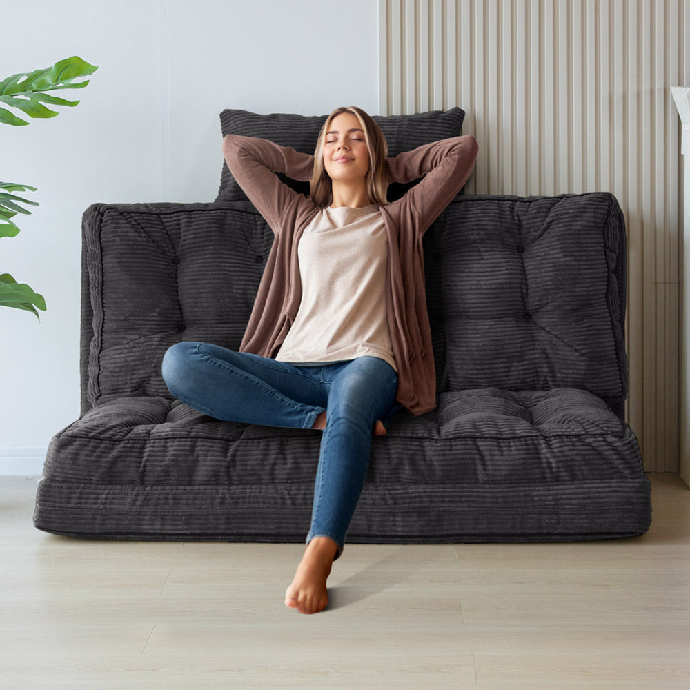 MAXYOYO Tufted Bean Bag Sofa Bed with Pillows - Foldable Floor Couch for Living Room, Bedroom & Dorm - Dark Grey - Perfect for Lounging, Gaming & Relaxation