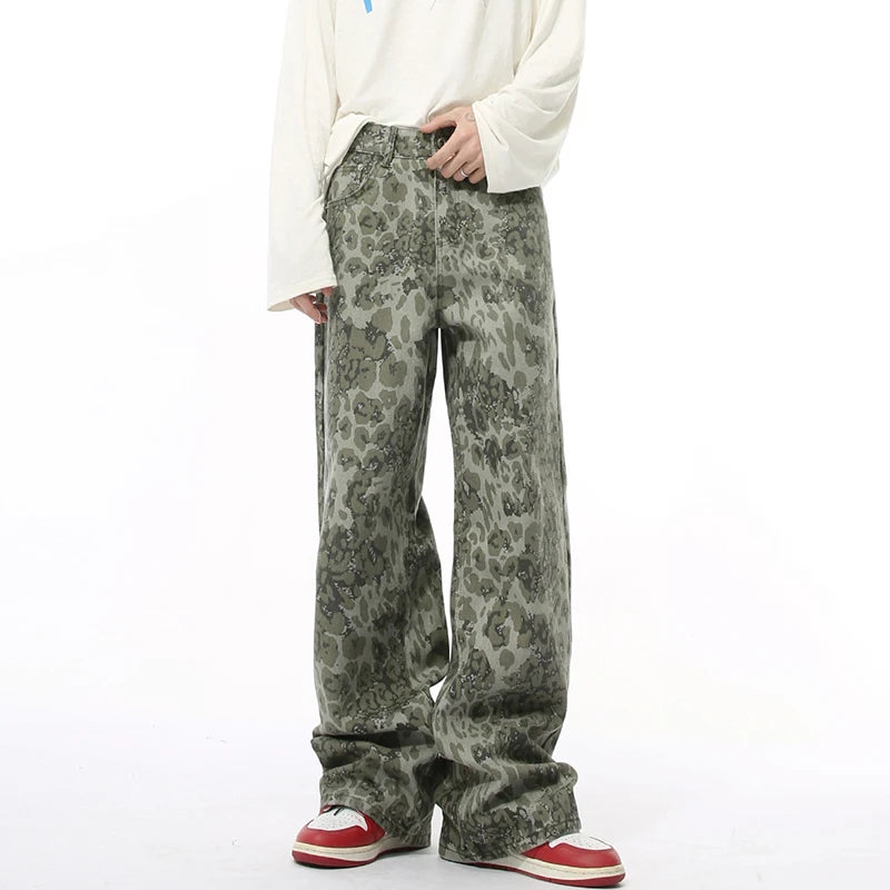 American Style Men's Jeans | Leopard Print Hip Hop Wide Leg Denim Pants for Men | Straight Cut Casual Trousers | Fall Fashion | Perfect for Streetwear, Hip Hop Outfits & Everyday Wear