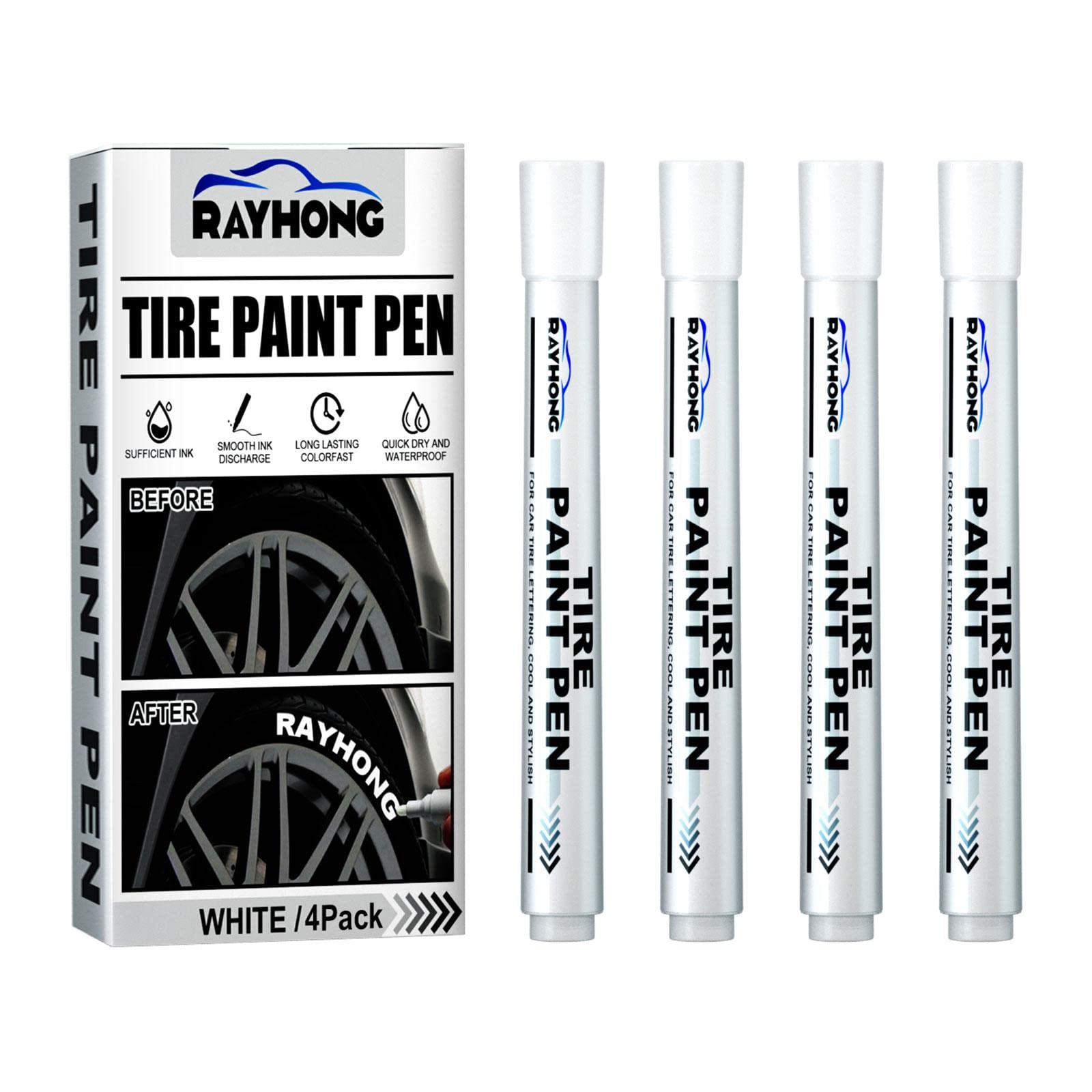 4 Pack White Tire Paint Pen Marker - Waterproof Permanent Tire Lettering Kit for Car, Truck, Motorcycle & Bike Tires - DIY Custom Tire Design for Road Safety & Vehicle Personalization - Perfect for Auto Enthusiasts & Off-Road Adventures