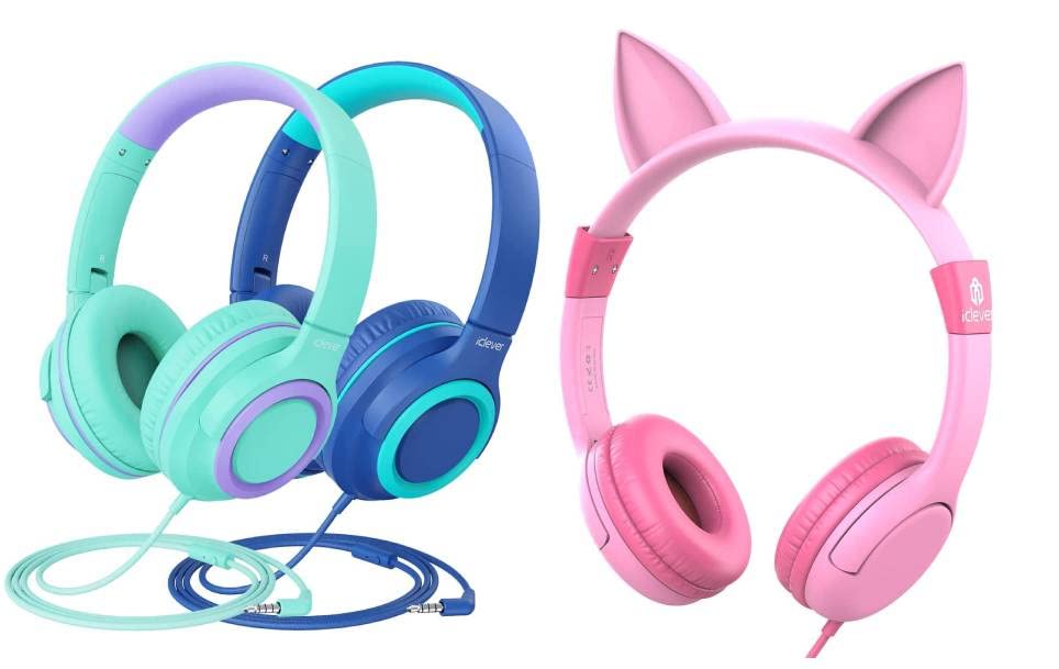 iClever HS22 & HS01 Kids Headphones Bundle - Volume Limited Safe Wired Headphones for Children & Teens, Tangle-Free Foldable Stereo Headset for School, Tablet, Travel - Perfect for Online Classes, Airplane Rides & Home Learning