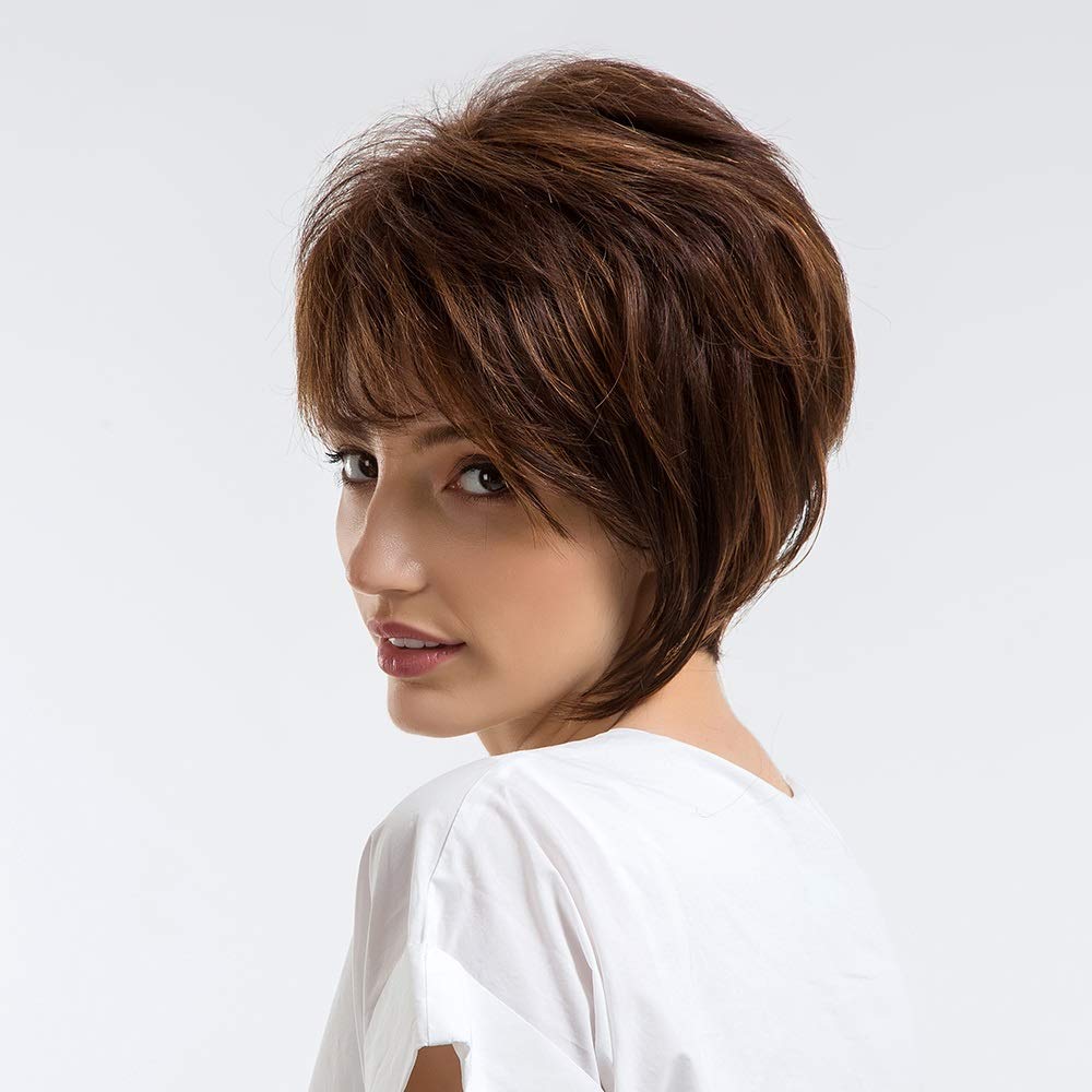 ZJLIUDP Real Human Hair Wigs for Women - Mixed Brown Short Straight Wig with Side Bangs | Perfect for Cosplay, Daily Wear & Special Occasions