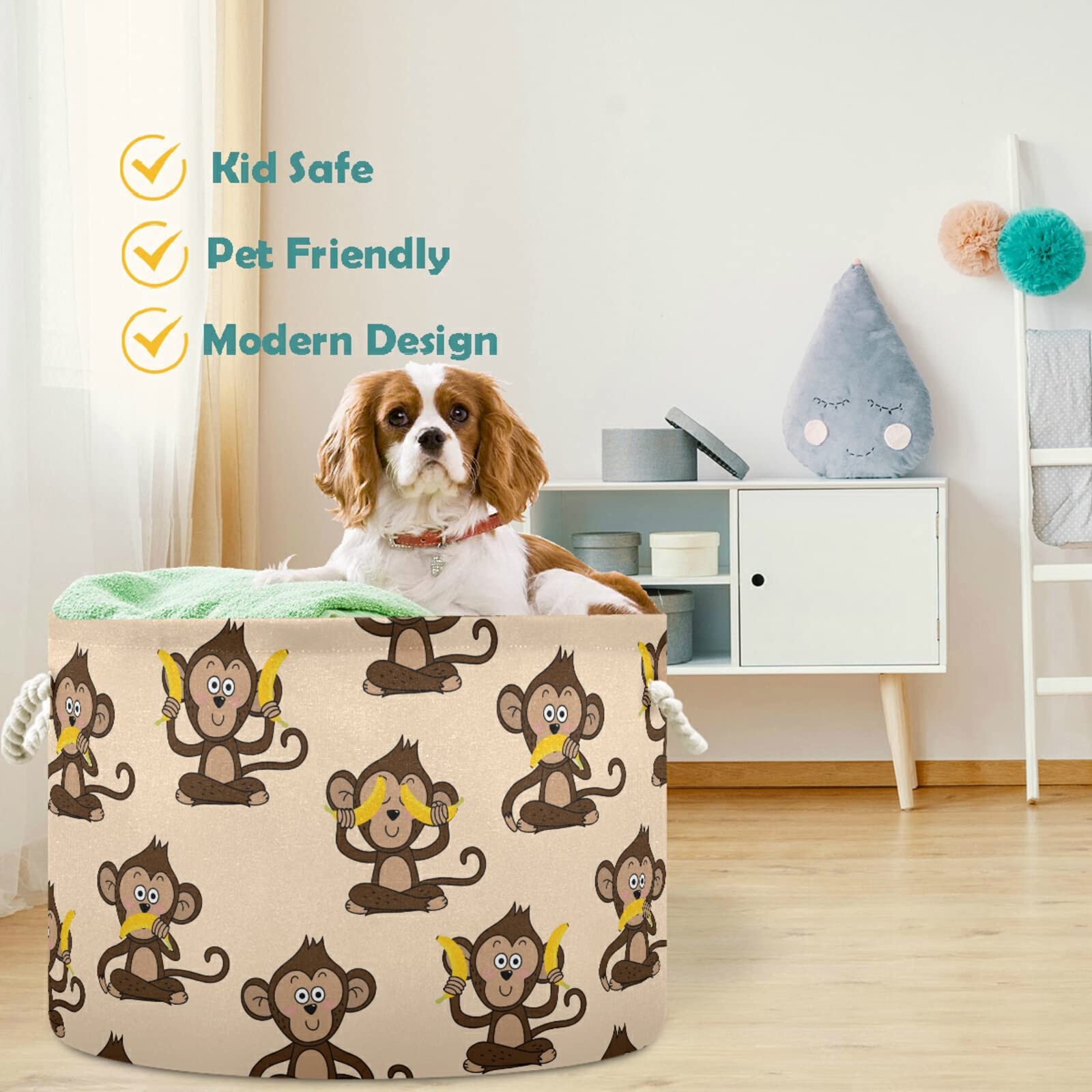 Visesunny Monkey & Banana Print Collapsible Fabric Storage Basket - Laundry Hamper, Toy Bin, Clothes Organizer for Bathroom, Bedroom, Nursery, Closet & Office | Perfect for Kids' Room Decor & Home Organization