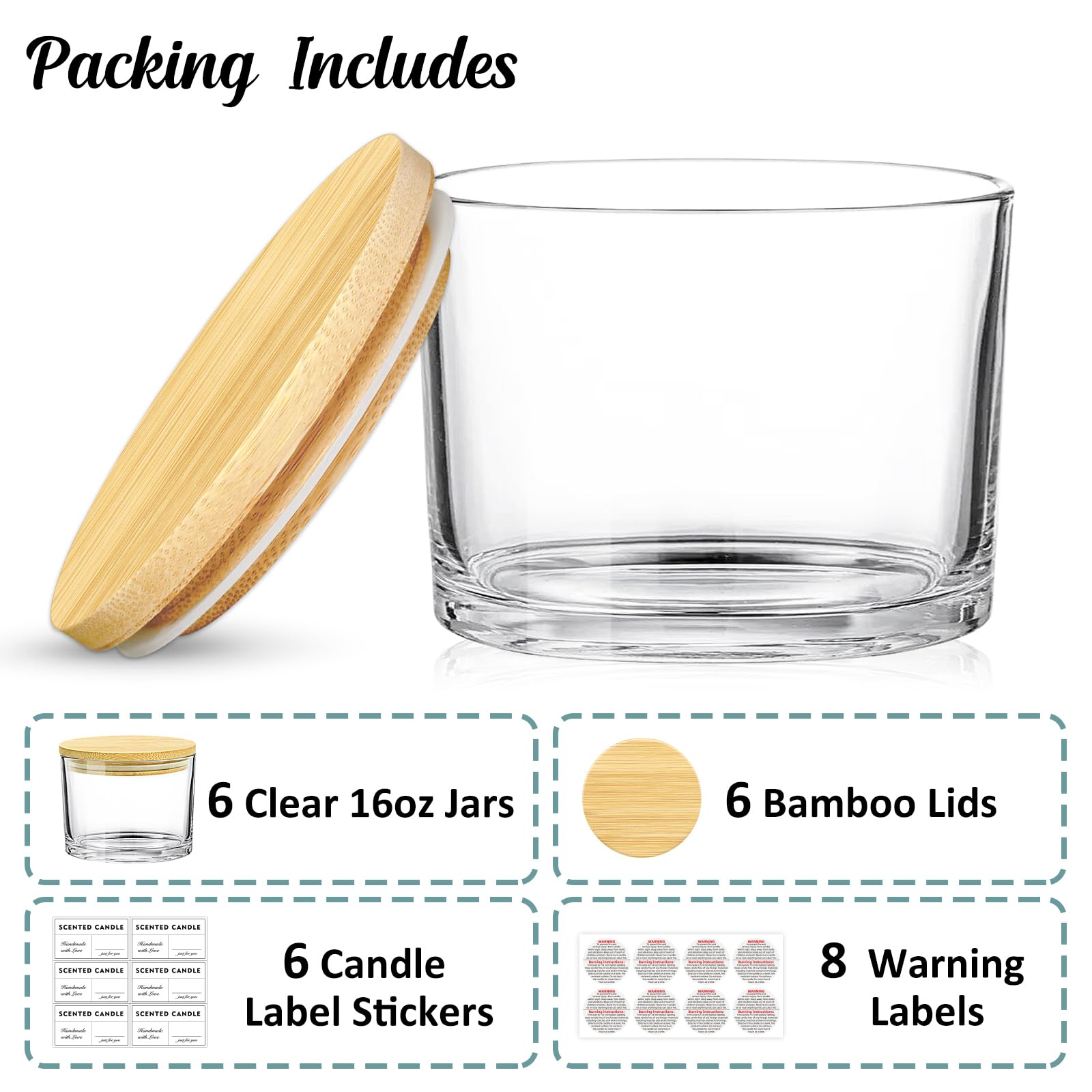 16oz Candle Jars 6 Pack - 3 Wick Large Empty Clear Glass Candle Making Containers with Bamboo Lids, Includes Stickers & Labels - Bulk DIY Candle Supplies for Home, Wedding, Spa & Gift Giving - Dishwasher Safe
