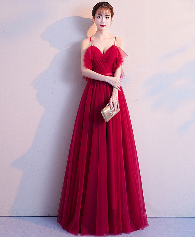 Elegant Burgundy Tulle Long Prom Dress for Women - Formal Evening Gown for Homecoming, Wedding, and Special Occasions