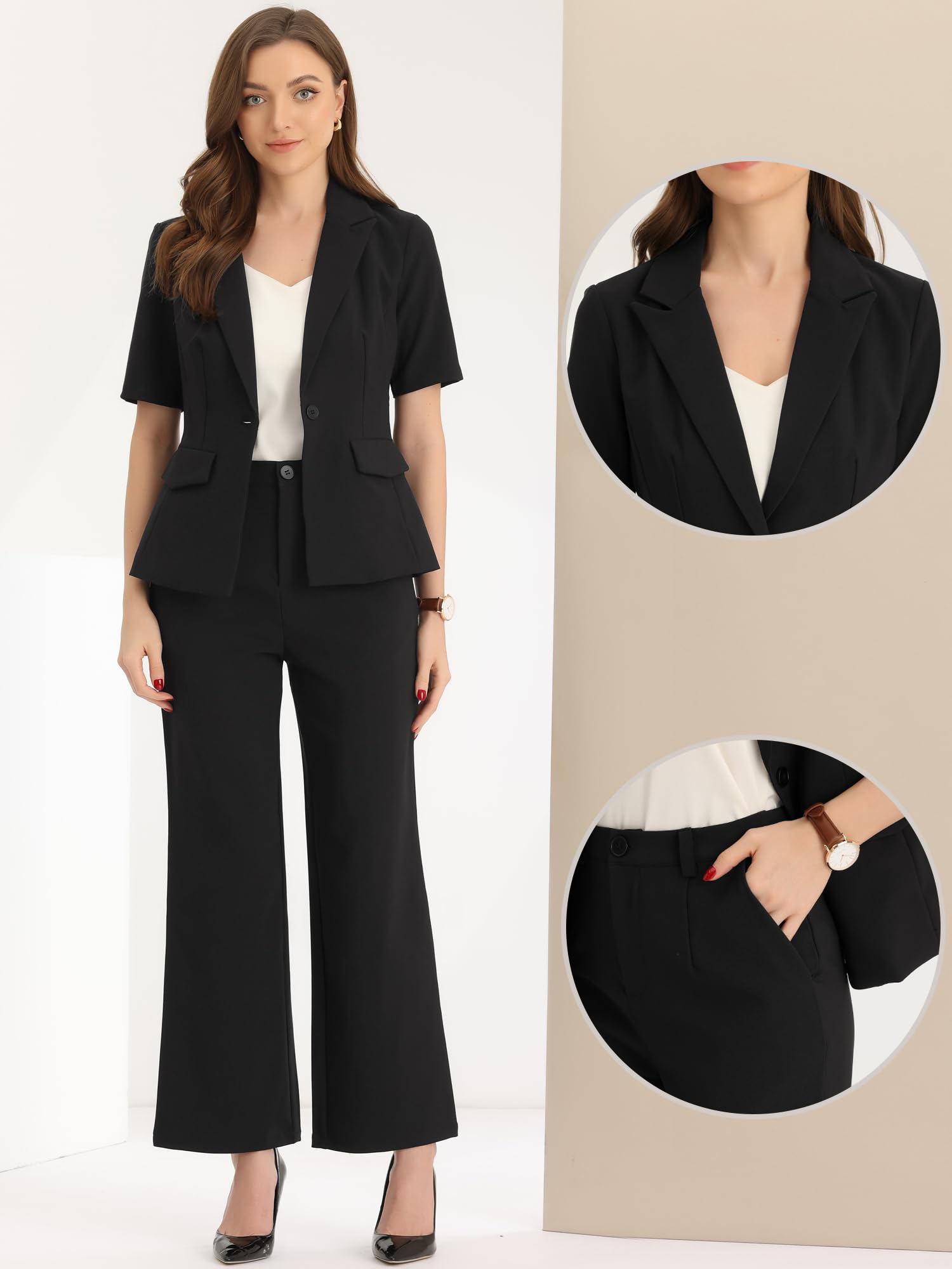 Allegra K Women's Short Sleeve Blazer & Pant Suit Set - 2 Piece Business Casual Work Outfit for Office, Meetings & Professional Events