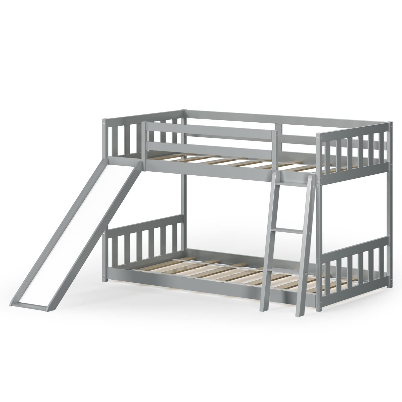 KOMFOTT Twin Over Twin Wood Bunk Bed with Convertible Slide, Inclined Ladder & Safety Guardrails - Space Saving Bed Frame for Teens, Students - Perfect for Small Bedrooms, Dorm Rooms & Kids' Rooms (Gray)
