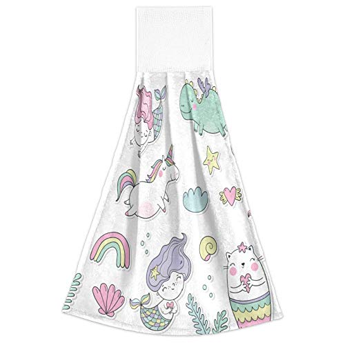 Summer Mermaid & Unicorn Rainbow Kitchen Hand Towels 2 Pack - Absorbent Cotton Hanging Towels with Loop for Kitchen & Bathroom Decor | Perfect for Beach House, RV, and Coastal Themed Homes