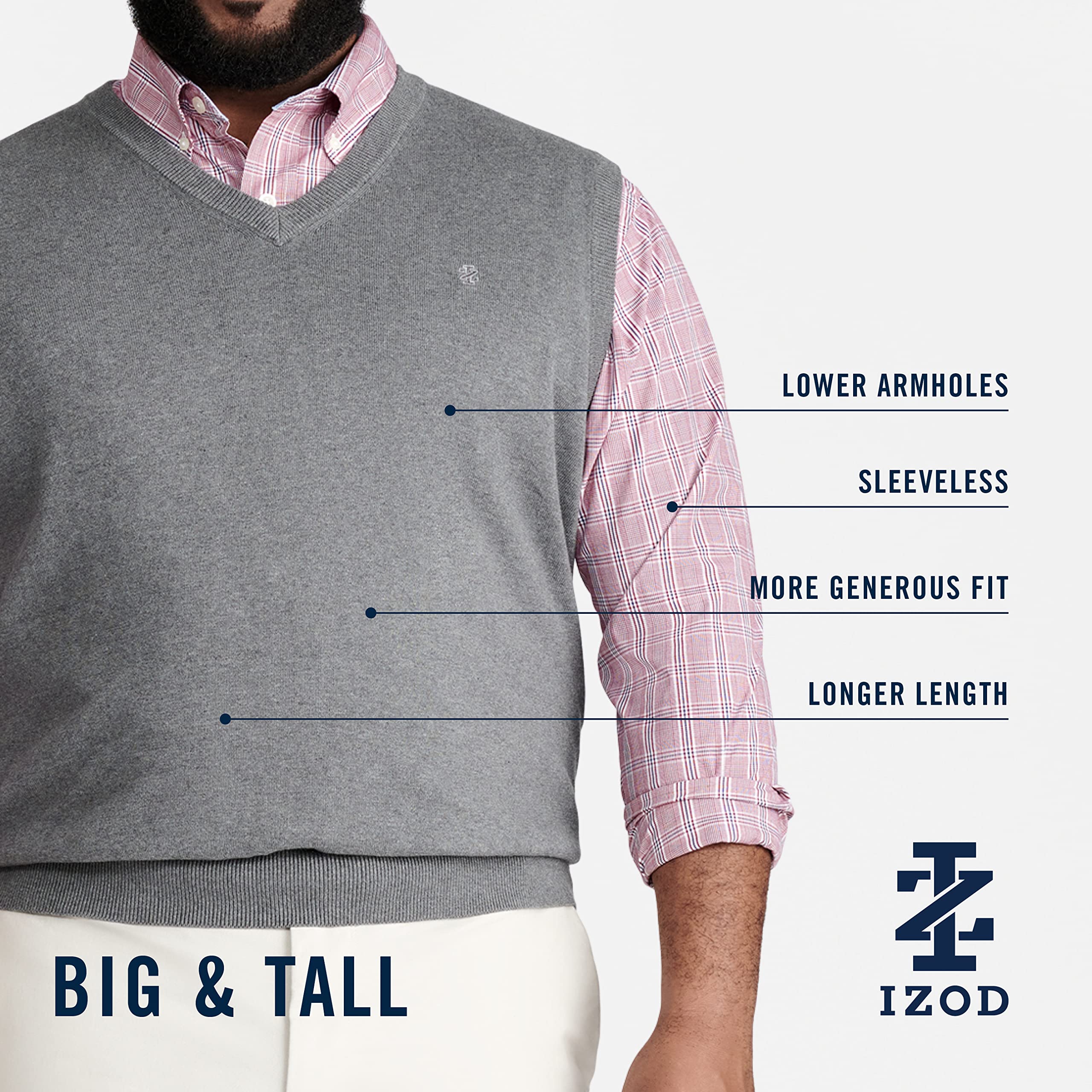 IZOD Men's Big & Tall Premium V-Neck Sweater Vest - Comfortable Knit Pullover for Casual Wear & Layering