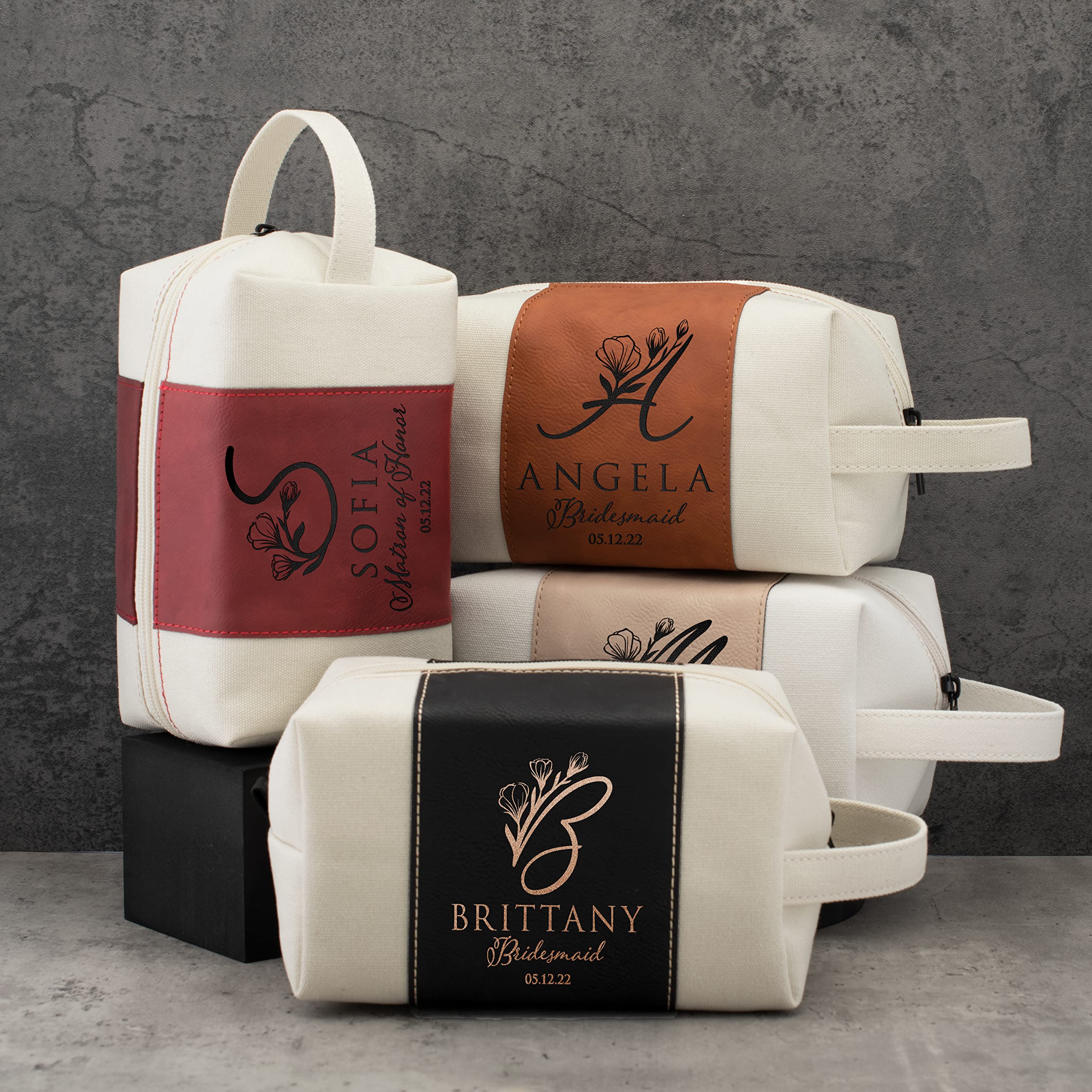 Personalized Bridesmaid Gifts Set of 10 - Custom Toiletry Bags for Women with Name, Title & Date - 3 Designs & 4 Colors - Perfect for Bridesmaid Proposals, Bridal Showers & Bachelorette Parties (Chestnut)