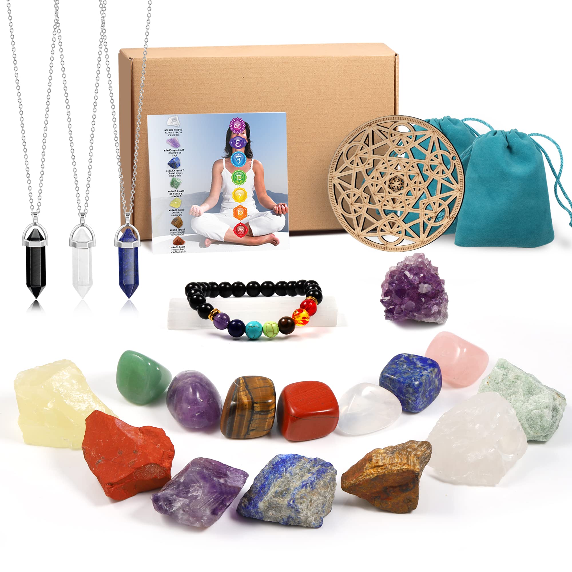 23 PCS Chakra Healing Crystals Set - 7 Raw & Tumbled Stones, Lava Bracelet, 3 Crystal Necklaces, Amethyst Clusters - Meditation, Yoga & Energy Balancing Kit for Spiritual Healing & Home Decor