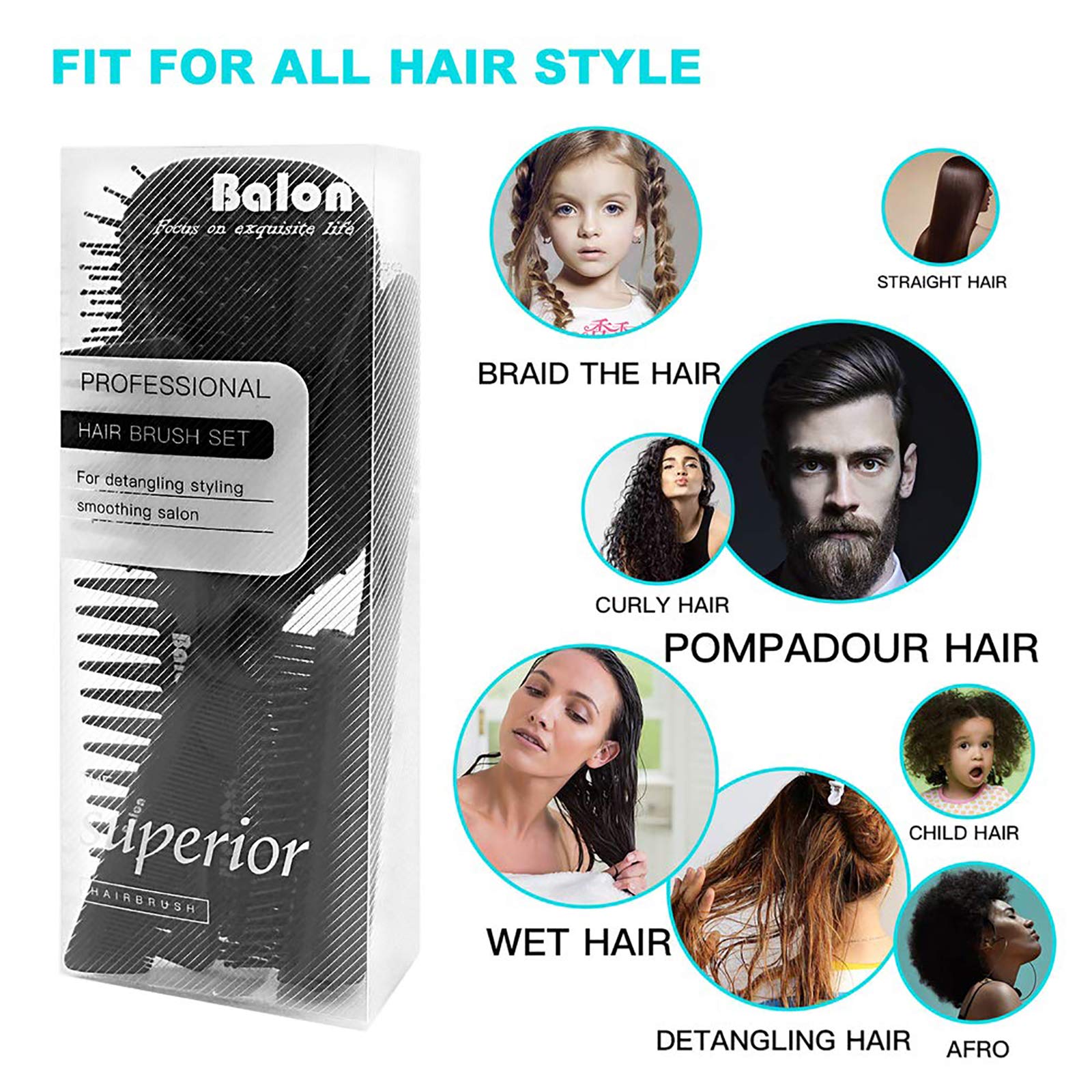 4Pcs Paddle Hair Brush Set - Detangling Brush & Hair Comb for Men & Women, Wet or Dry Hair Use, No Tangle Hairbrush for Long Thick Thin Curly Natural Hair - Perfect for Home, Travel & Salon Styling