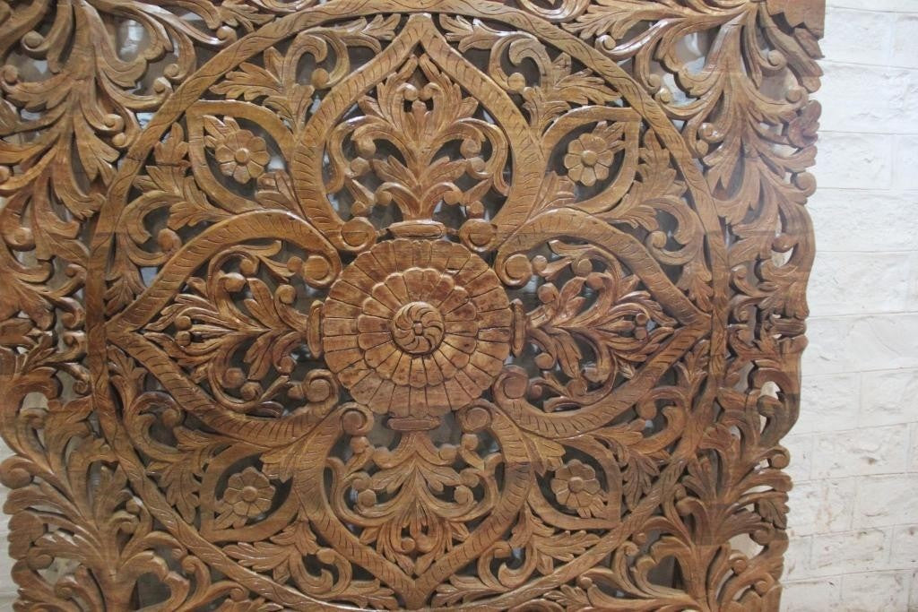 Handcrafted Dynasty Carved Wooden Wall Panel Headboard - Natural Solid Wood Queen Size Bed Headboard for Master Bedroom & Guest Room Decor