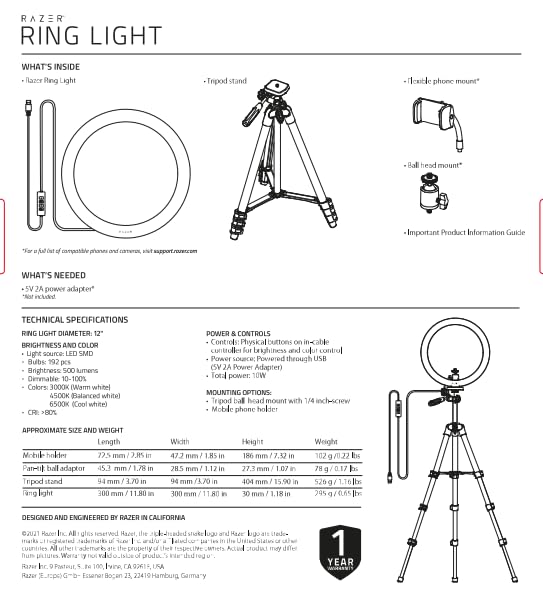 Razer 12 Inch USB LED Ring Light with Tripod - Adjustable Spectrum & Brightness for PC/Mobile Streaming, YouTube Videos & Zoom Meetings (Black)