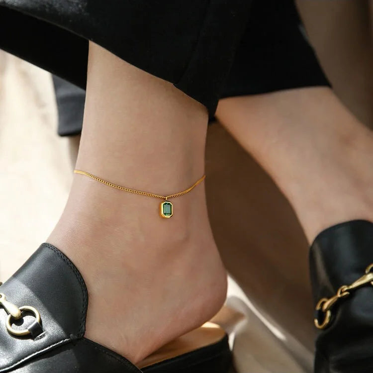 Vintage Titanium Green Crystal Waterproof Ankle Bracelet for Women | Adjustable Chain Anklet | Perfect for Beach, Swimming & Everyday Wear | TB8550