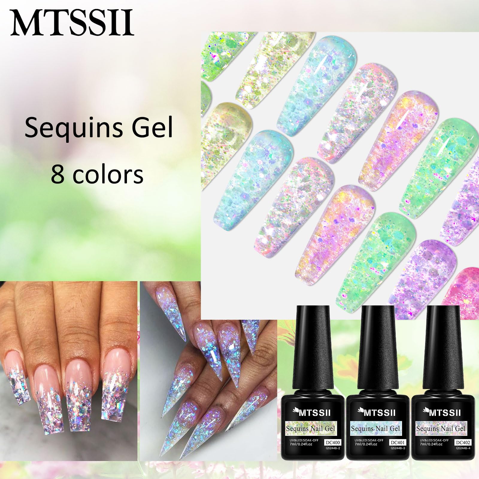 MTSSII 8Pcs Jelly Glitter Gel Nail Polish Set - Pink Blue Green Purple for DIY Nail Art at Home