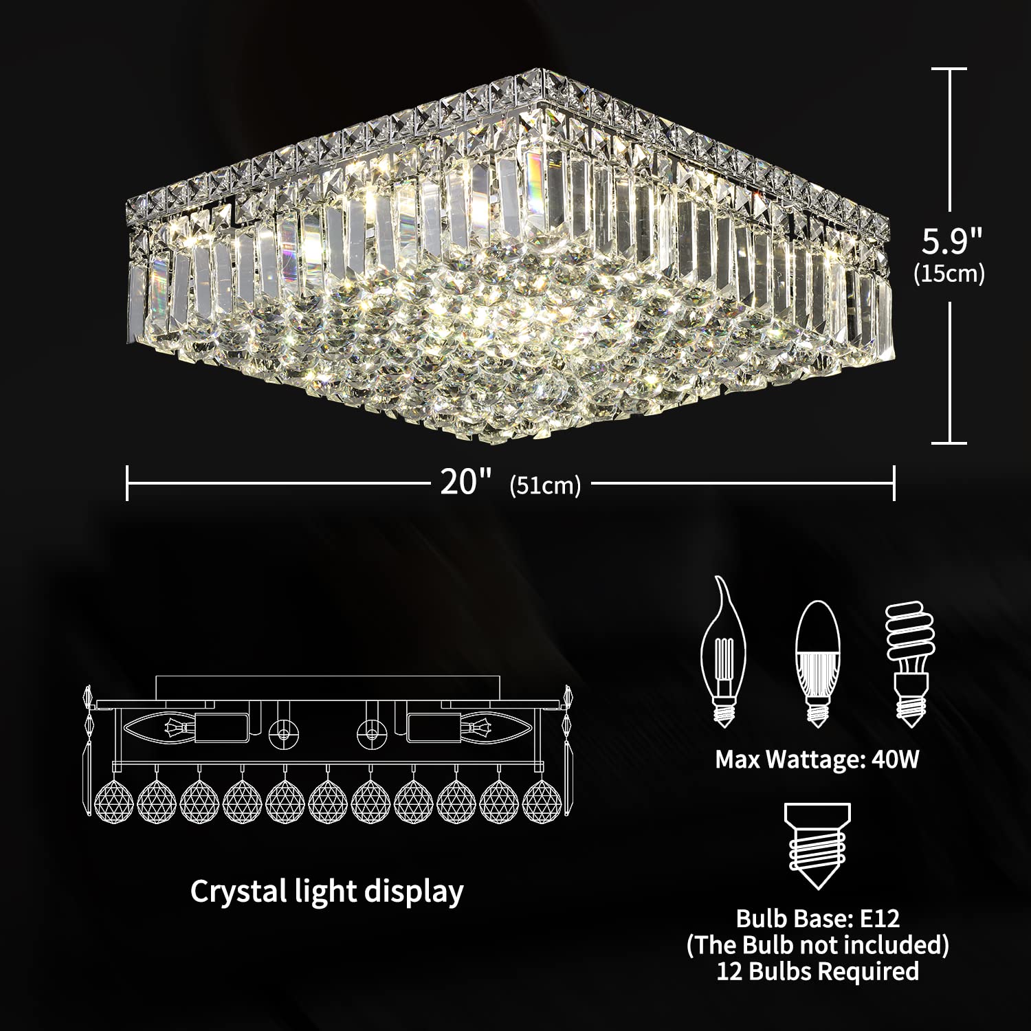 12-Lights Modern Flush Mount Ceiling Light Fixture - Elegant Crystal Chandelier for Bedroom, Living Room, Dining Room - Square LED Pendant Lamp (20