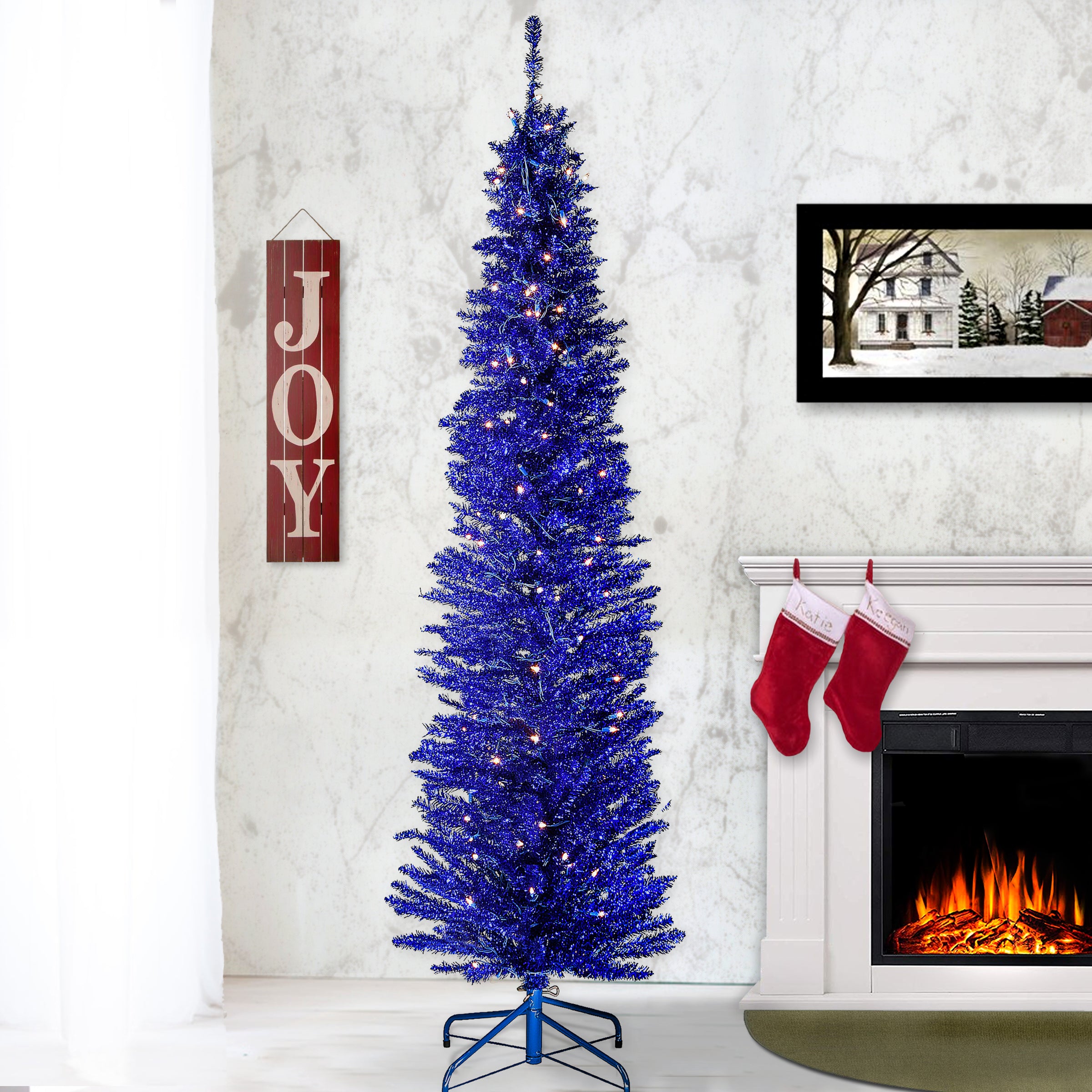 7 ft Pre-Lit Blue Tinsel Christmas Tree with Clear LED Lights - Perfect for Holiday Home Decor, Office & Party Celebrations