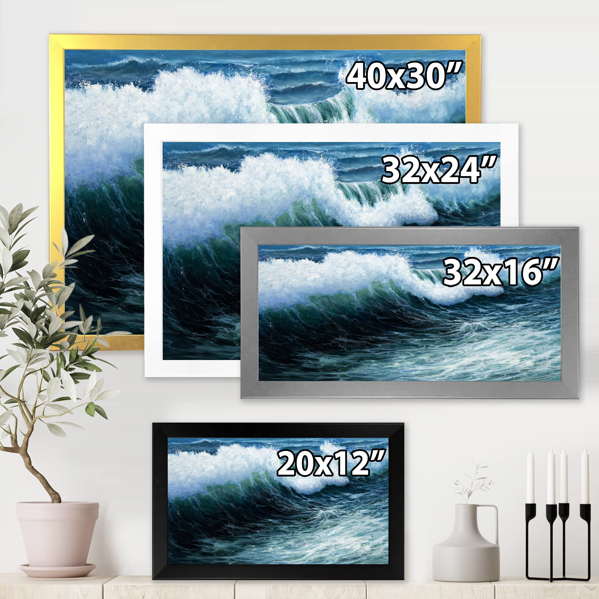 DesignQ Storm Waves In The Ocean Nautical Coastal Framed Wall Art - Beach House Decor, Living Room Wall Decor, Office Wall Art