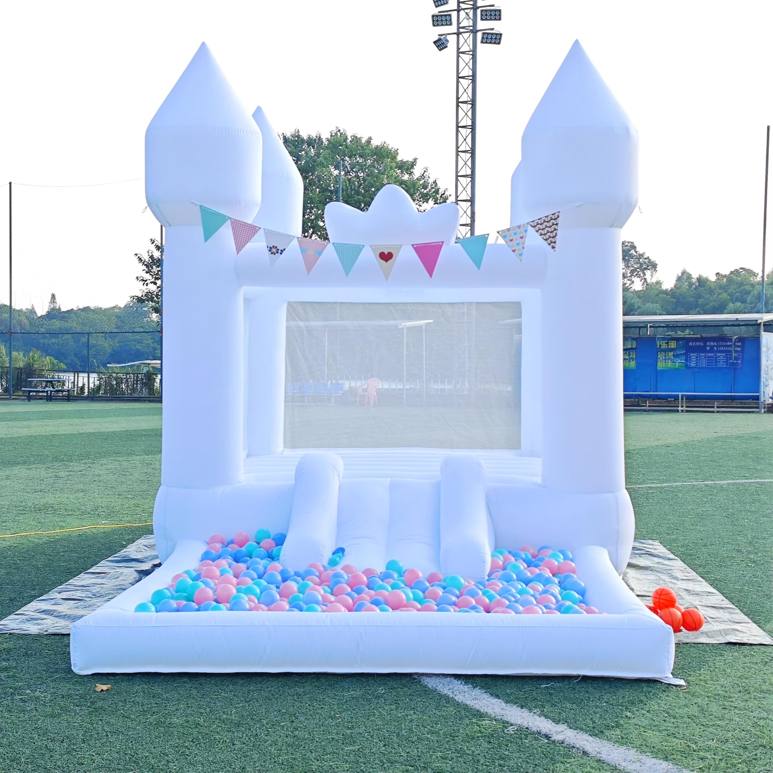 12.5FT Inflatable White Bounce House with Slide - Large Bouncy Castle for Kids & Adults | Outdoor Birthday Party, Wedding Decorations | Includes Blower (Great for Backyard, Park, and Carnival Events)