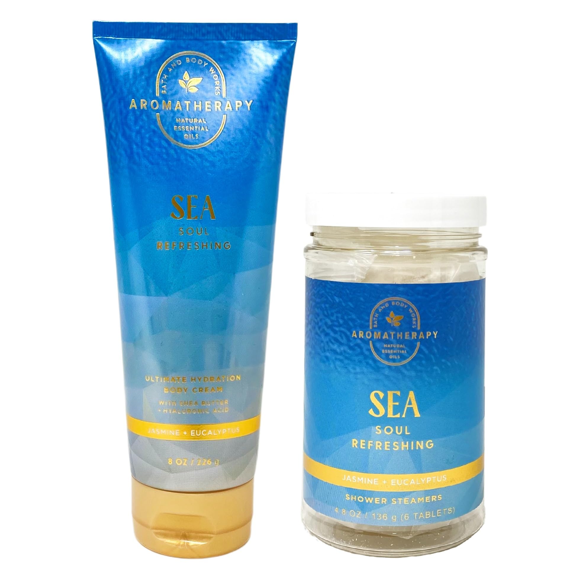 Aromatherapy Sea Soul Jasmine & Eucalyptus Body Cream and Shower Steamer Set - Full Size, Moisturizing & Relaxing Bath & Body Gift for Spa, Self-Care, Stress Relief (Blue)