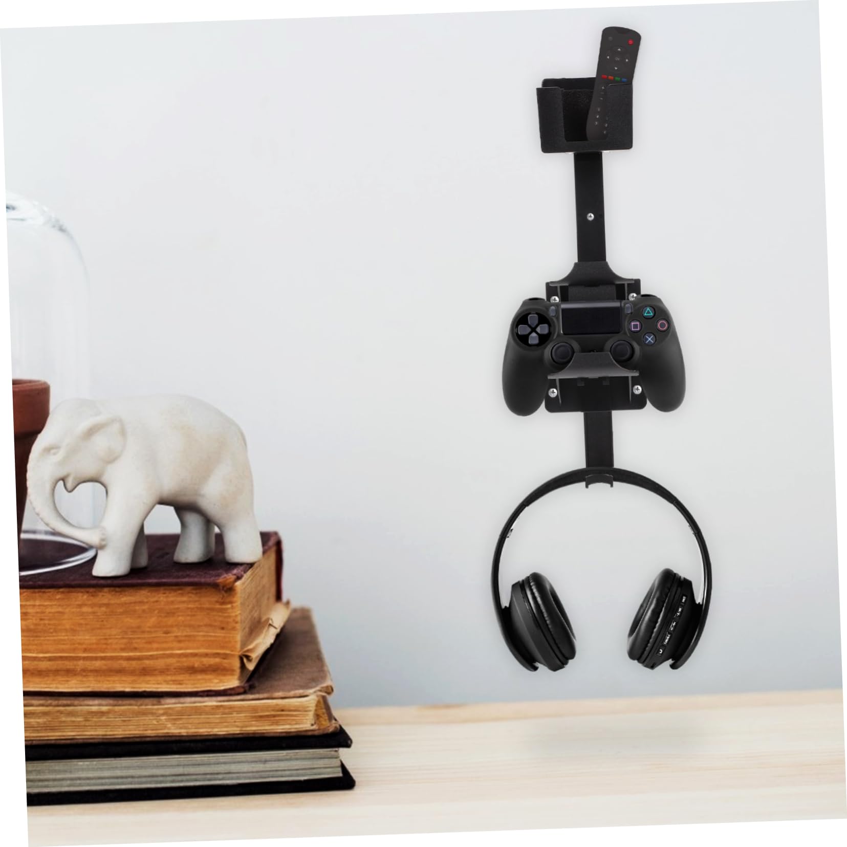 VOSAREA Universal Headset Stand - Wall Mount Gaming Headphone Holder with Remote Controller Rack - Black - Easy Installation for Home Office & Gaming Setup