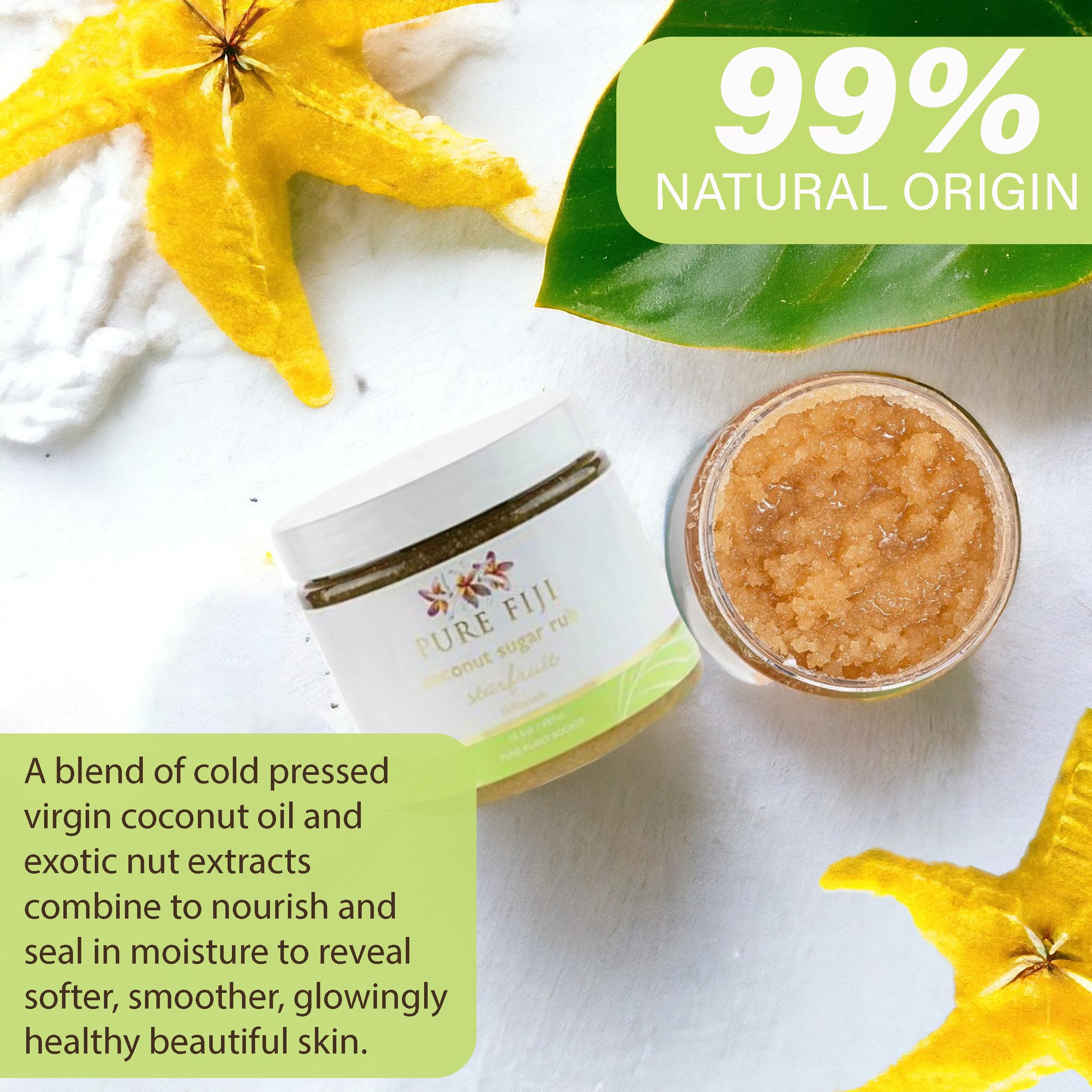 Pure Fiji Coconut Sugar Body Scrub - Natural Organic Exfoliator for Smooth & Soft Skin - Starfruit Scented Body Polish, 15.5 Oz - Perfect for Spa Day, Dry Skin Treatment & At-Home Self Care