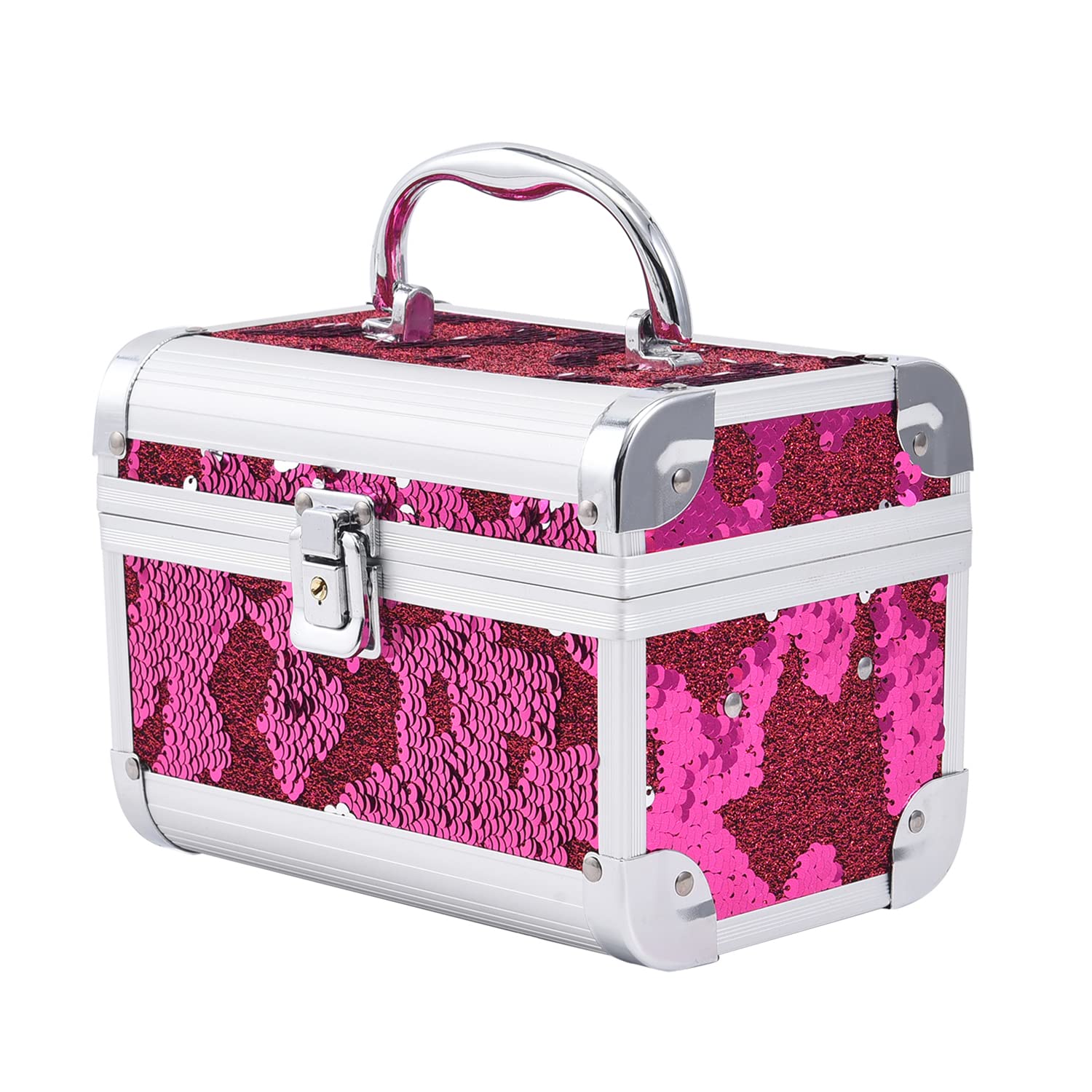 2 Layer Sequin Organizer with Mirror Handle & Metallic Lock - Stylish Jewelry & Makeup Storage for Travel & Home Decor